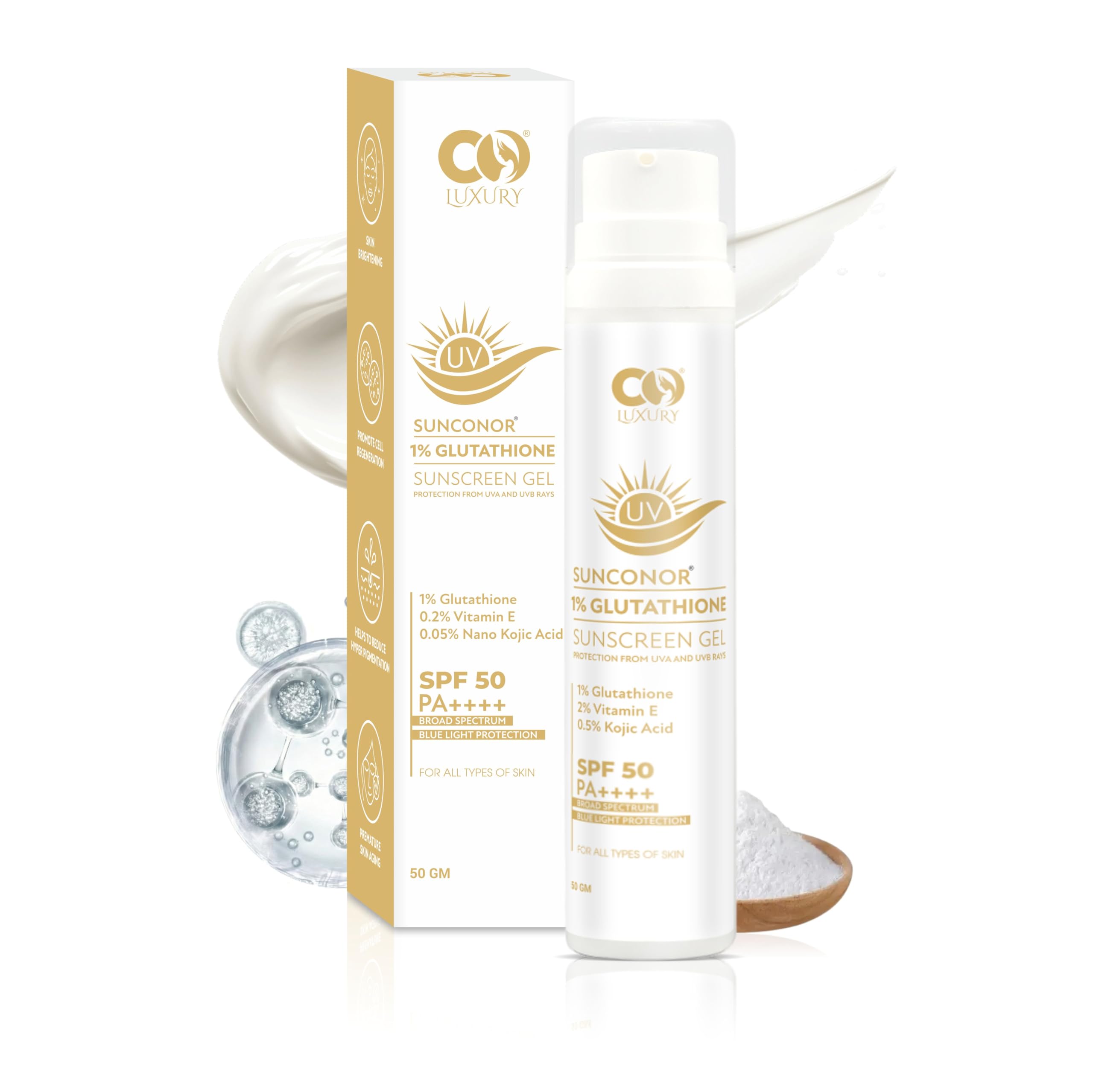 CO LUXURY 1% Glutathione & Kojic Acid Sunscreen Gel | SPF 50 PA++++ | Quick Absorbing, No White Cast, Lightweight Sun Protection for All Skin Types | 50g