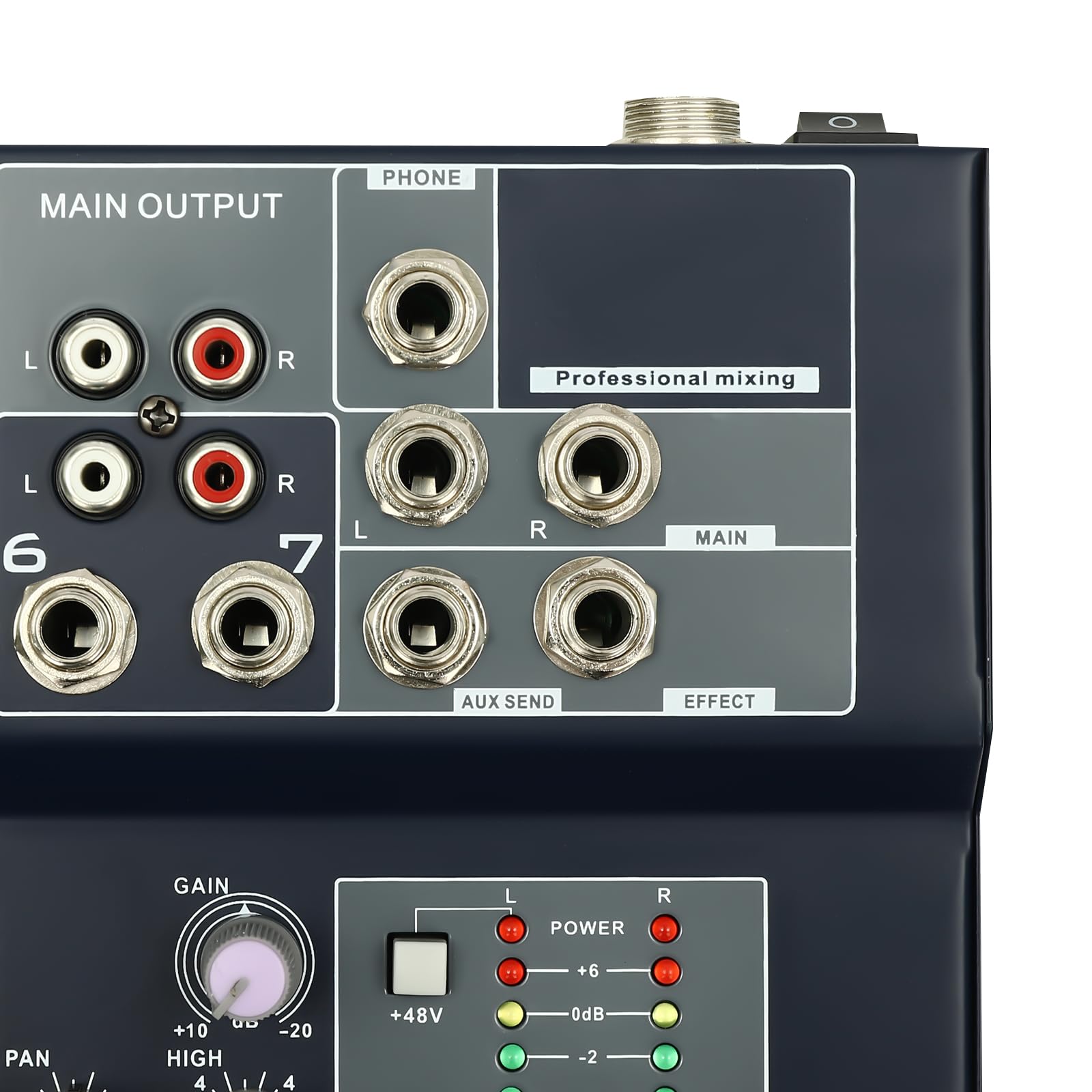 Mixer audio a 7 canali con Bluetooth e USB, alimentazione phantom da 48 V, equalizzatore a 3 bande, 5 effetti sonori, mixer stereo digitale per karaoke domestico, podcast, streaming live, band