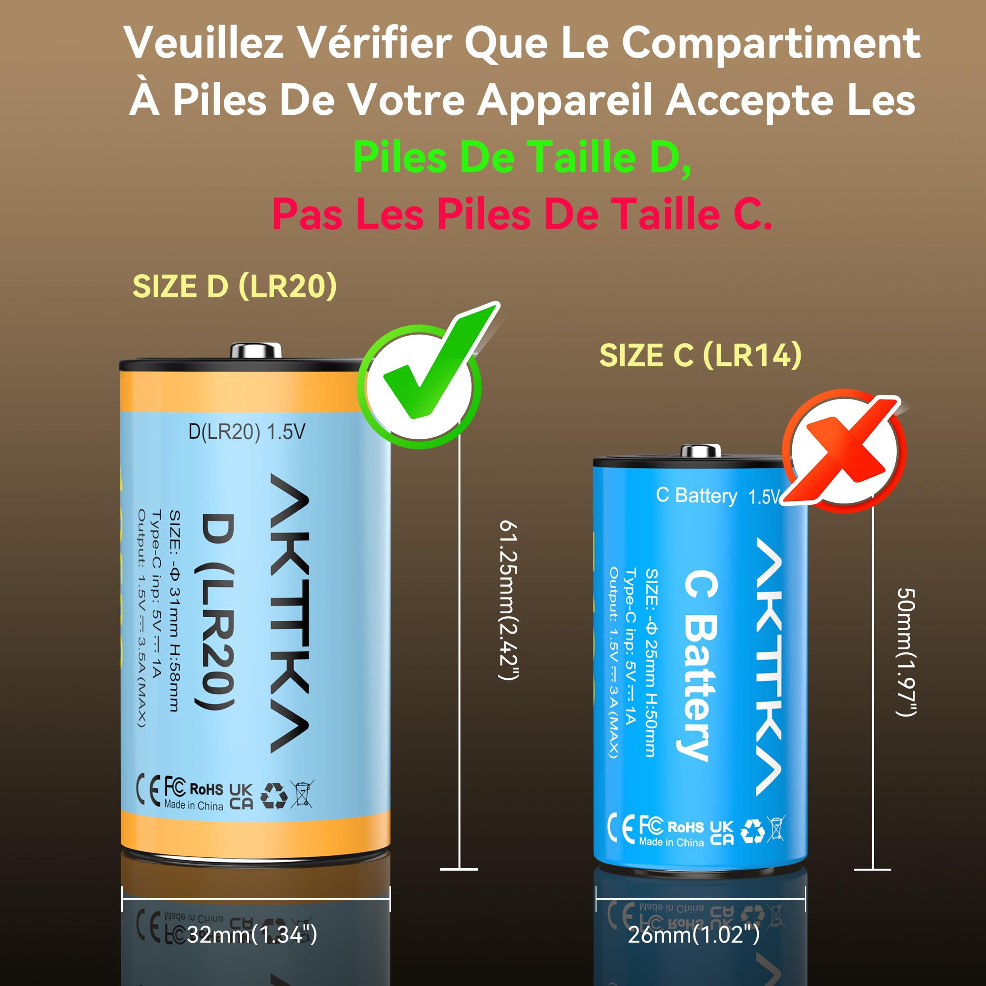 Piles D Rechargeables 12580 mWh, Lot de 4, 1,5V Li-ION, LR20, Mono D
