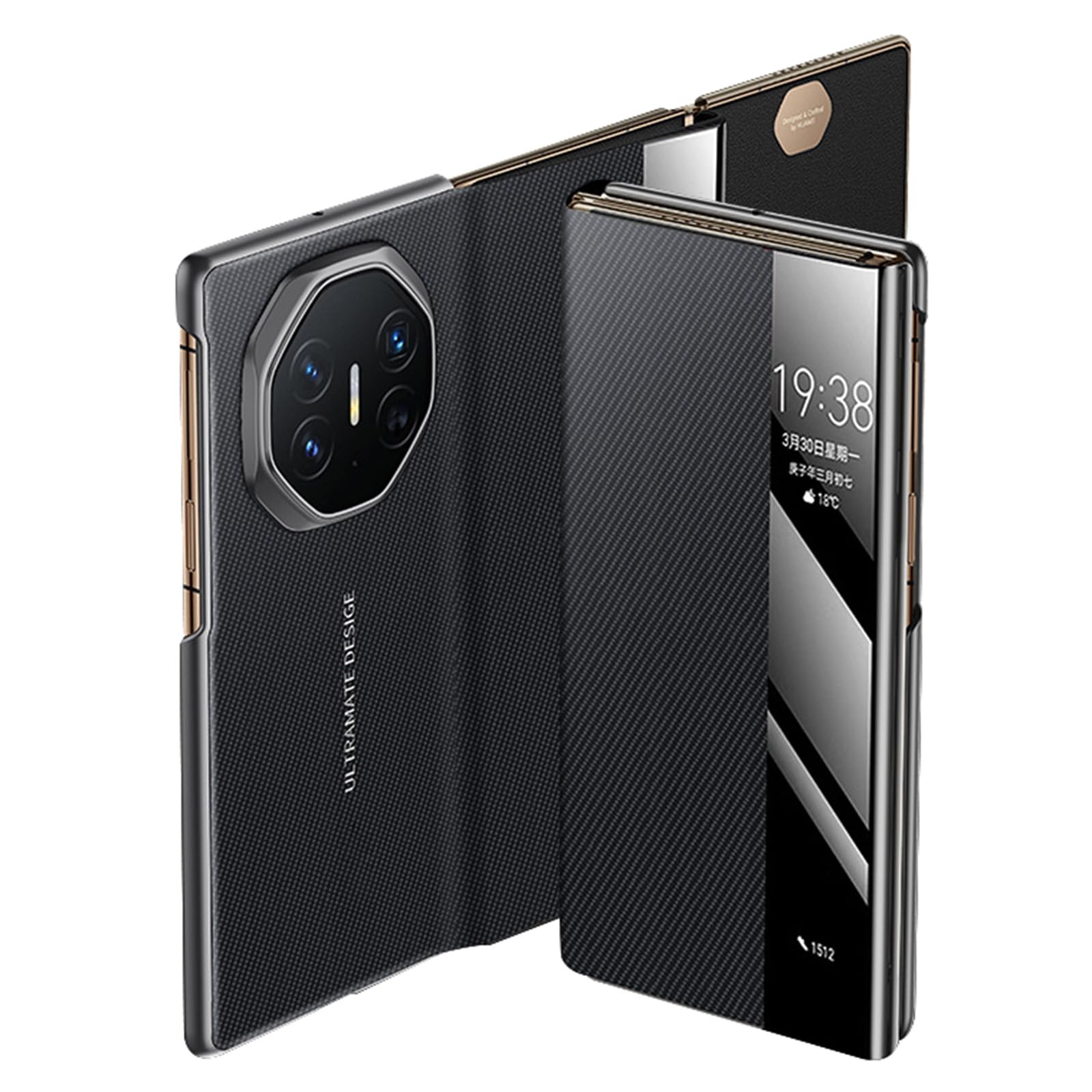 Magnetyczne etui do Huawei Mate XT, funkcja inteligentnego widoku okna z klapką tekstura włókna węglowego minimalistyczne skórzane etui czarne