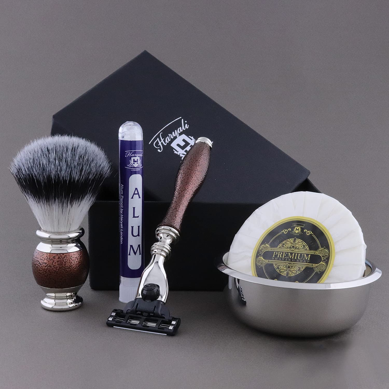 Complete Vintage Style Men's Shaving Set >Synthetic Hair Brush, Triple Edge Cartridge Razor, Engraved Bowl & Soap| Free Alum Stick Pencil. Perfect Set for Men's