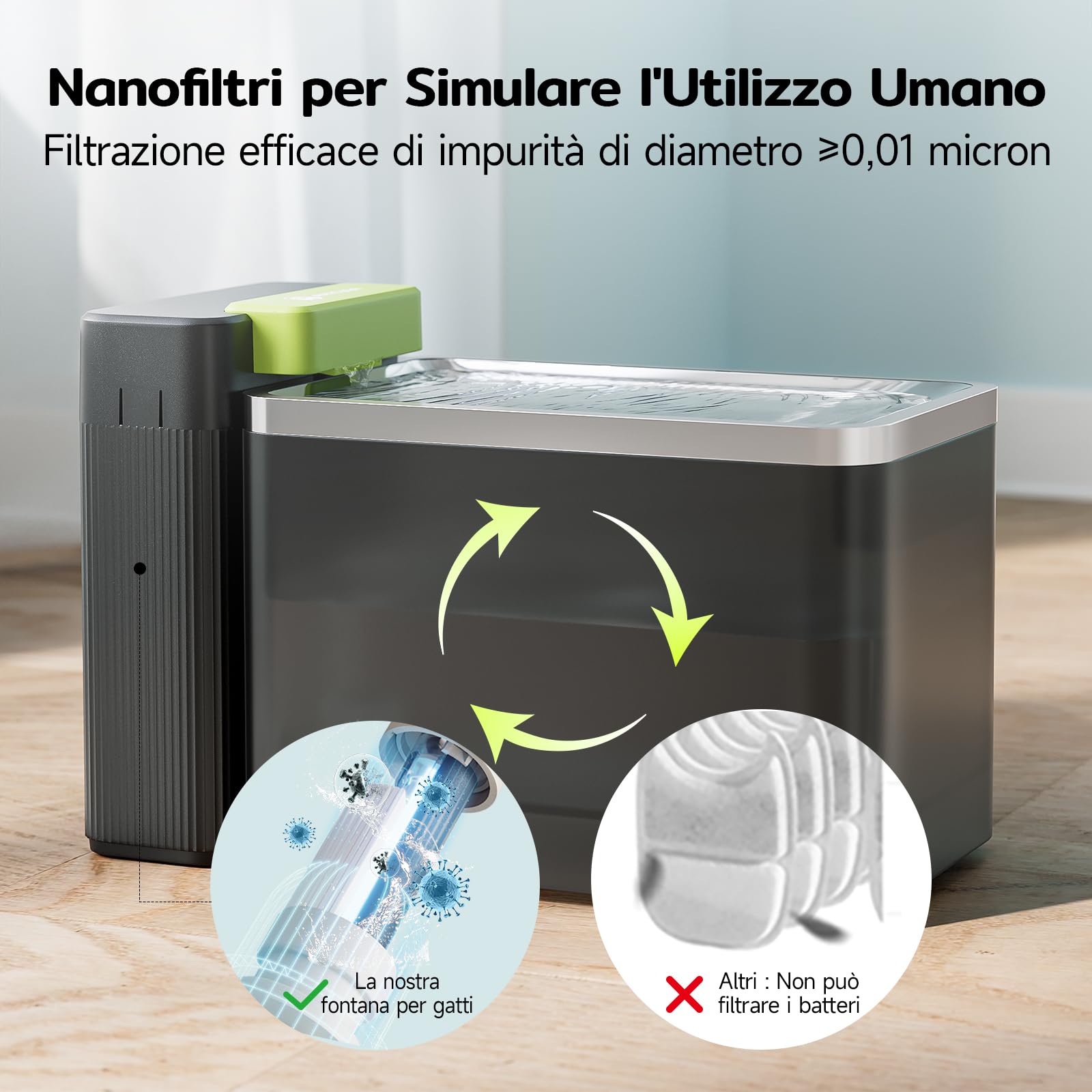 Amicura A3lite Fontanella per Gatti Ultrafiltrata, 3.3L Capacità, Disco in Acciaio 316, Filtrazione Tripla, Ultra Silenziosa (<25dB), Modalità Touch Cascata/Energia, Avviso di Mancanza d'Acqua -Nero