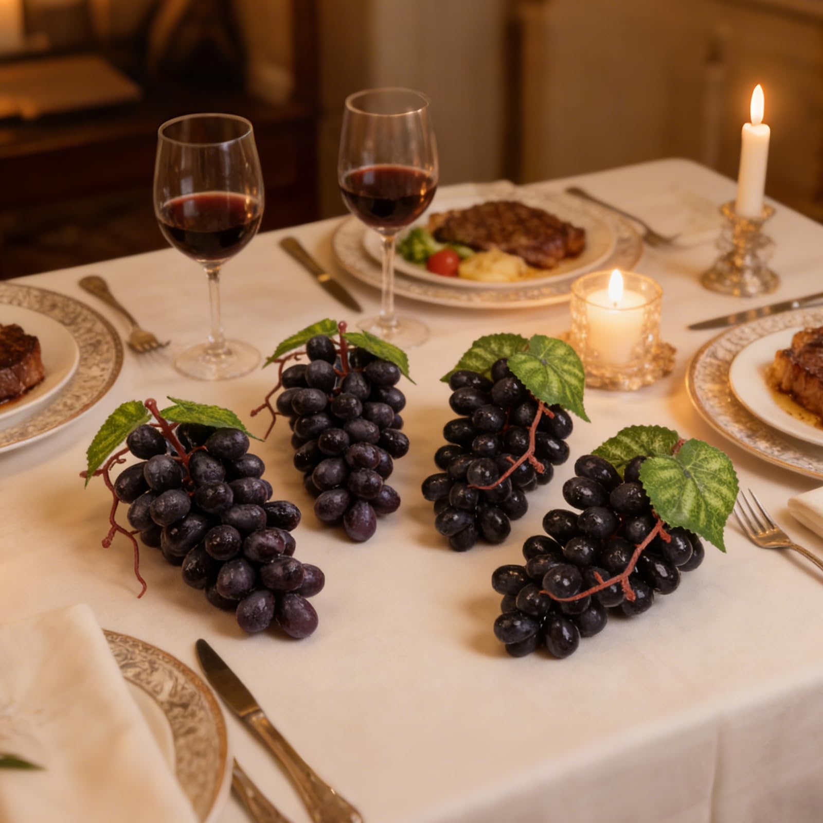 4 racimos de plástico artificial falso, uvas negras con vides, guirnalda, decoración de bodega, granja, mesa, fruta, modelo hecho a mano, accesorios de fotografía