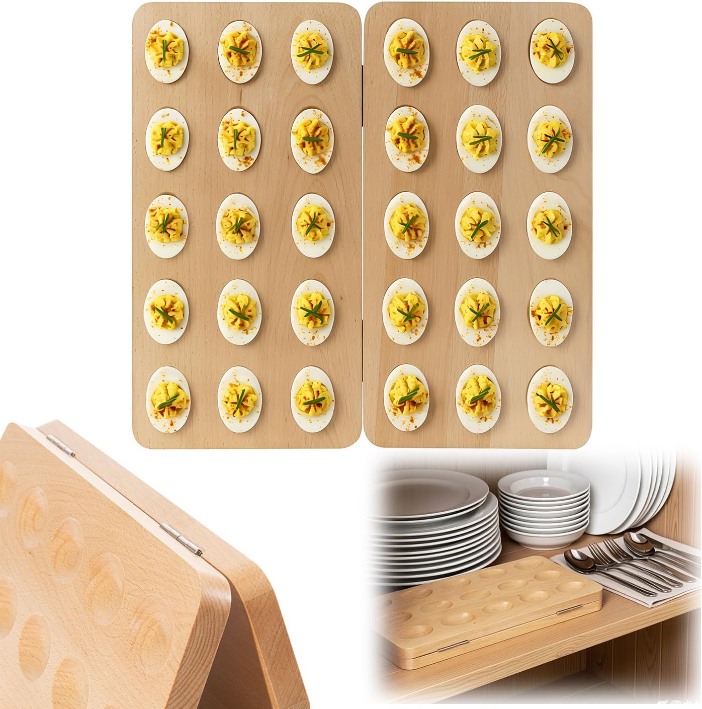 Wooden Deviled Egg Platter - Foldable Deviled Egg Tray for Party, Space-Saving Egg Carrier Display for Easter, Thanksgiving, Halloween & Kitchen, Holds 30 Eggs