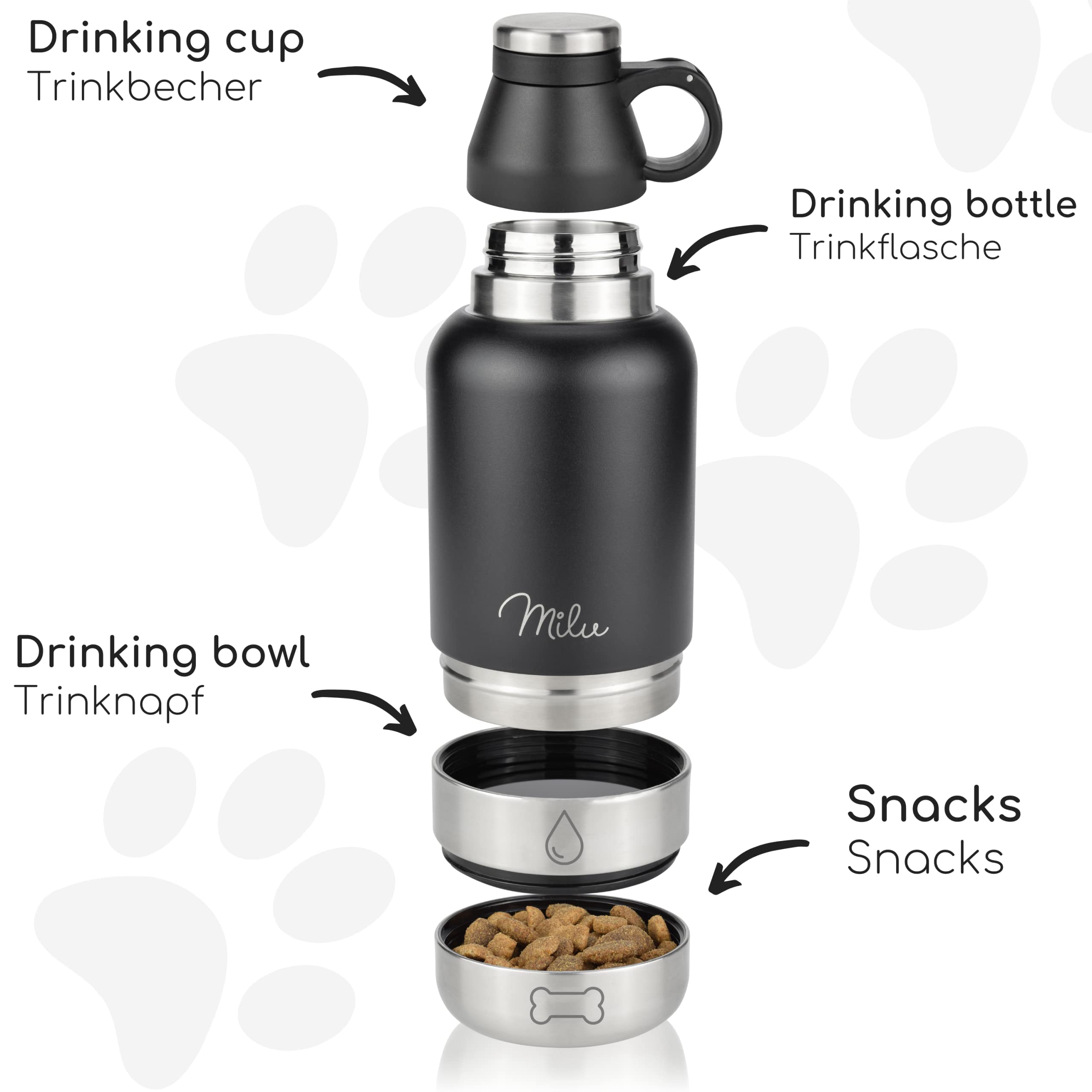 Milu Trinkflasche Hunde für Unterwegs 950ml - Wasserflasche mit Futternapf, Isolierte Edelstahl Hundetrinkflasche, Hundeflasche mit Futterbehälter, Napf, Hund, Wandern, Reisen, Spaziergang