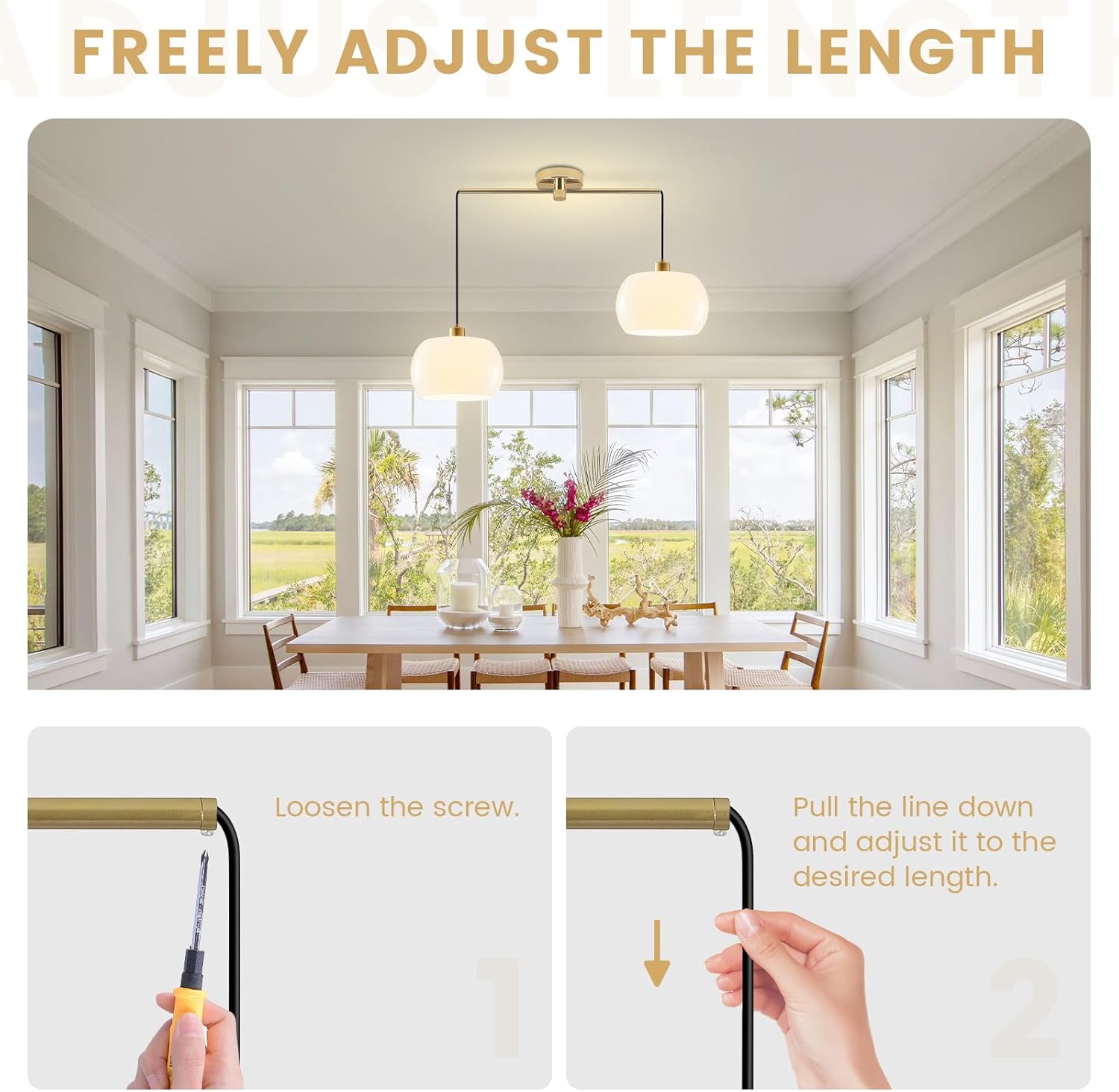 Modern Living Room Pendant Light 2-Light White Glass Pendant Light with Golden Brass Finished, Modern Adjustable Kitchen Island Light Fixture Gold Hanging Light for Dining Room Farmhouse