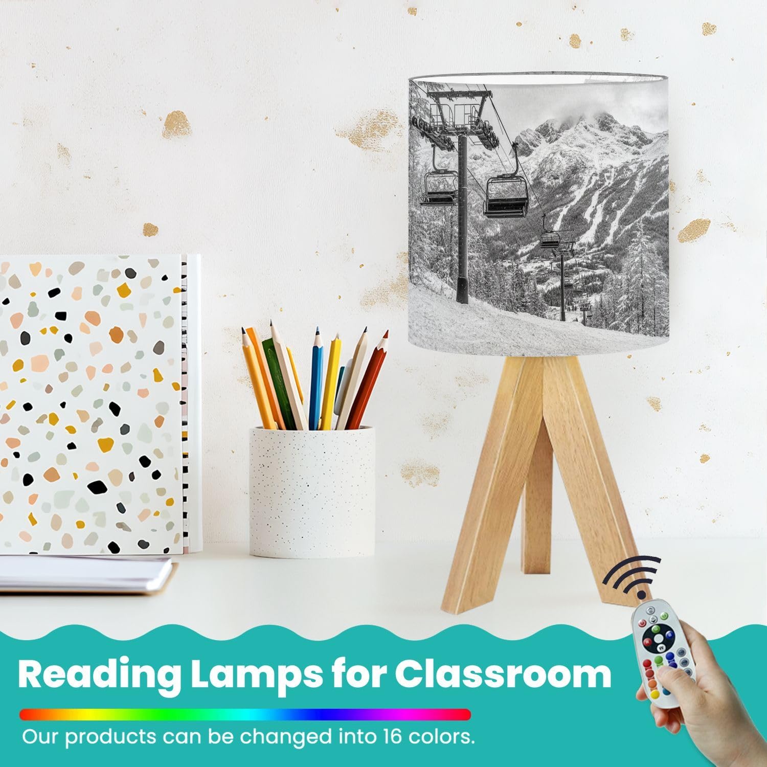 Tripod Bedside Desk Table Lamp Chair Lift Ski Resort Snowy Mountains Nice Sunny Day Snow Covered Wood Nightstand Lamp with Linen Fabric Shade for Nursery Bedroom Living Room Kids Room