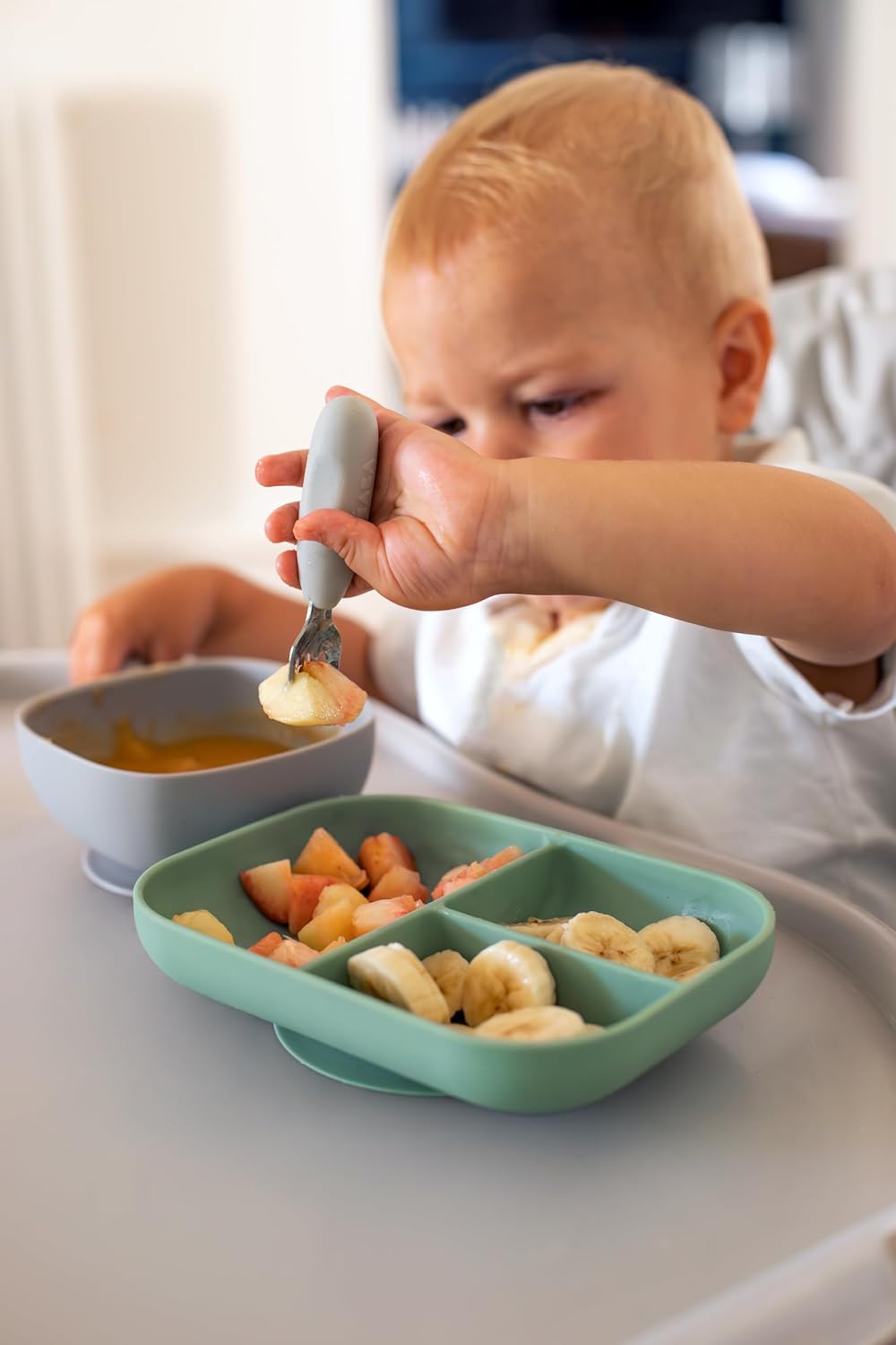 BEABA Set of 2 Stainless Steel Pre-Cutlery Spoon and Fork Set, Baby Toddler Stainless Steel with Silicone Utensil Set, Baby Toddler Spoon Fork Silverware Set, Grey image 5