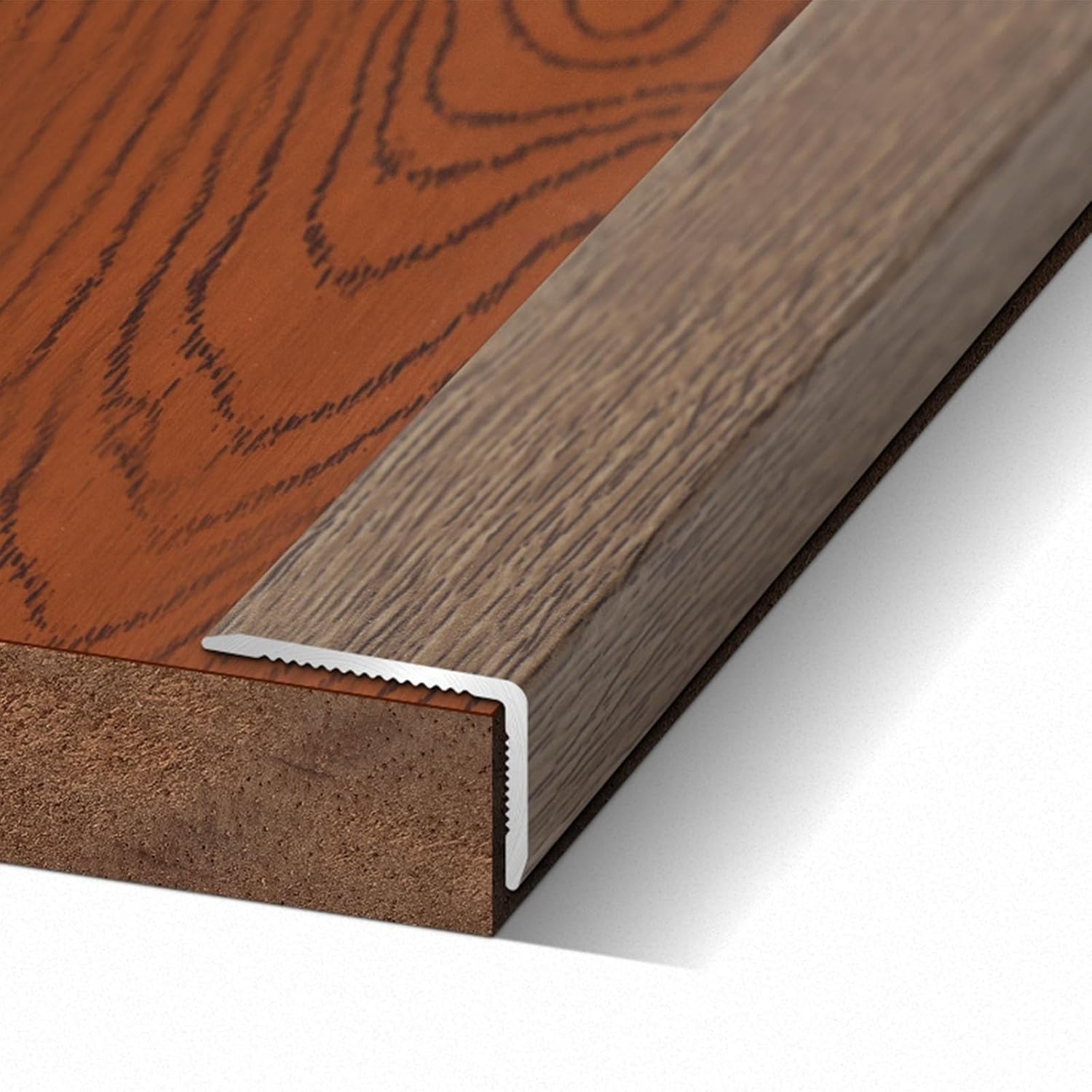 Wood Grain Right Angle L-Shaped Floor Transition Strip, Aluminum Trim Strip, Stair Nose Edging Corner Guards, Laminate Tile Edge Protectors, Peel Stick Stone Step Cover(Maca Brown,L900xW30xH20mm)