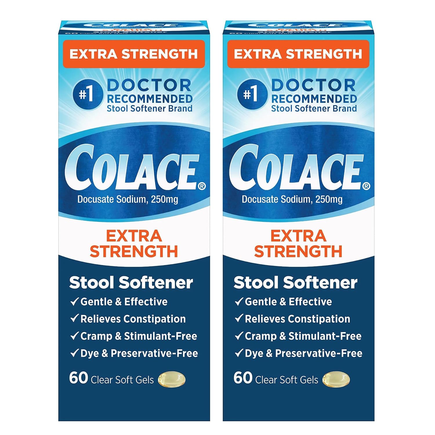 Colace Extra Strength Stool Softener, 60 Count (Pack of 2), Gentle Constipation Relief for Adults, 250 mg Docusate Capsules, #1 Doctor Recommended Stool Softener Brand