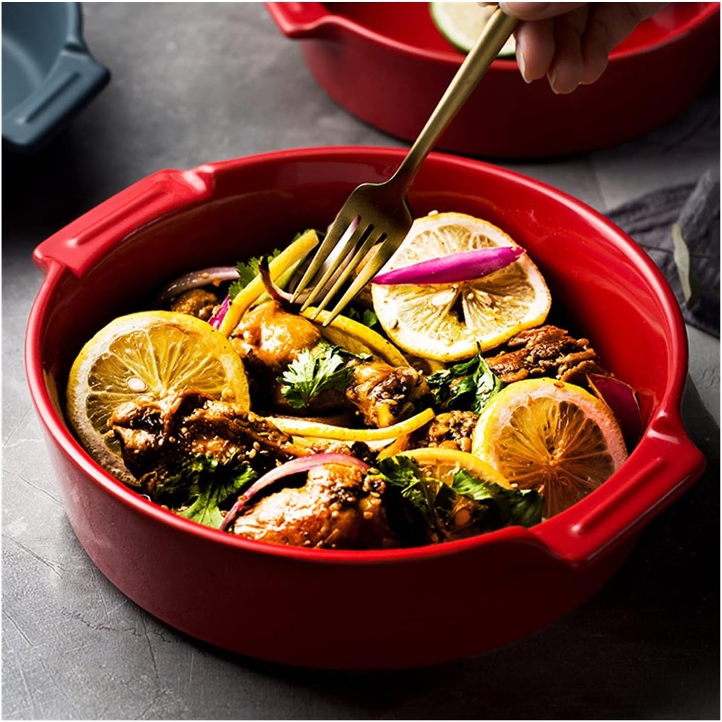 Baking Dish Double-ear Baking Bowl Air Fryer Ceramic Oven Baking Dish Household Small Baking Dish Solid Color Lasagna Dish Deep Dish for Cooking, Cake Dinner