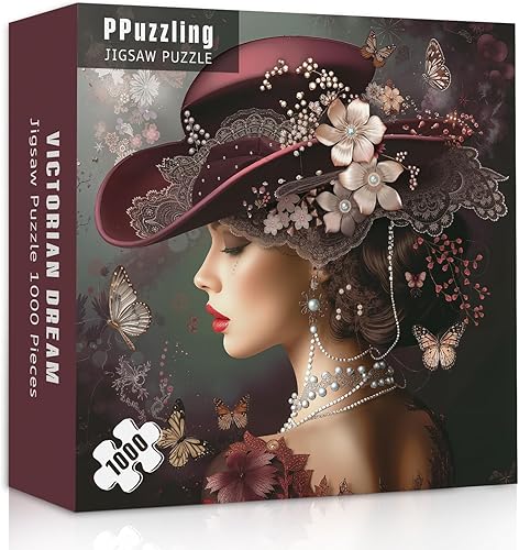 Elegante rompecabezas victoriano de 1000 piezas para adultos, mujer vintage con sombrero rojo, perlas, flores y mariposas, rompecabezas de arte