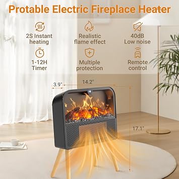 Electric Fireplace Heater, Ultra-Thin Electric Fireplace Stove with Realistic Flame & Solid Wood Stand, 17 Portable Space Heater for Small Space with 1-12H Timer, 59F to 95F, 1500W