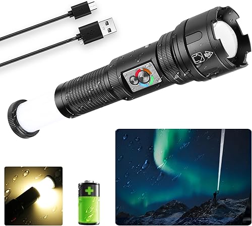 Linternas recargables de alto lúmenes, linterna táctica LED impermeable de mano, luz de flash súper brillante con linternas de camping COB para el