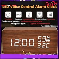 Vista 2 de Reloj despertador de madera LED alimentado por USB/AAA, control de voz, despertador de madera digital, decoración de mesa de escritorio electrónico