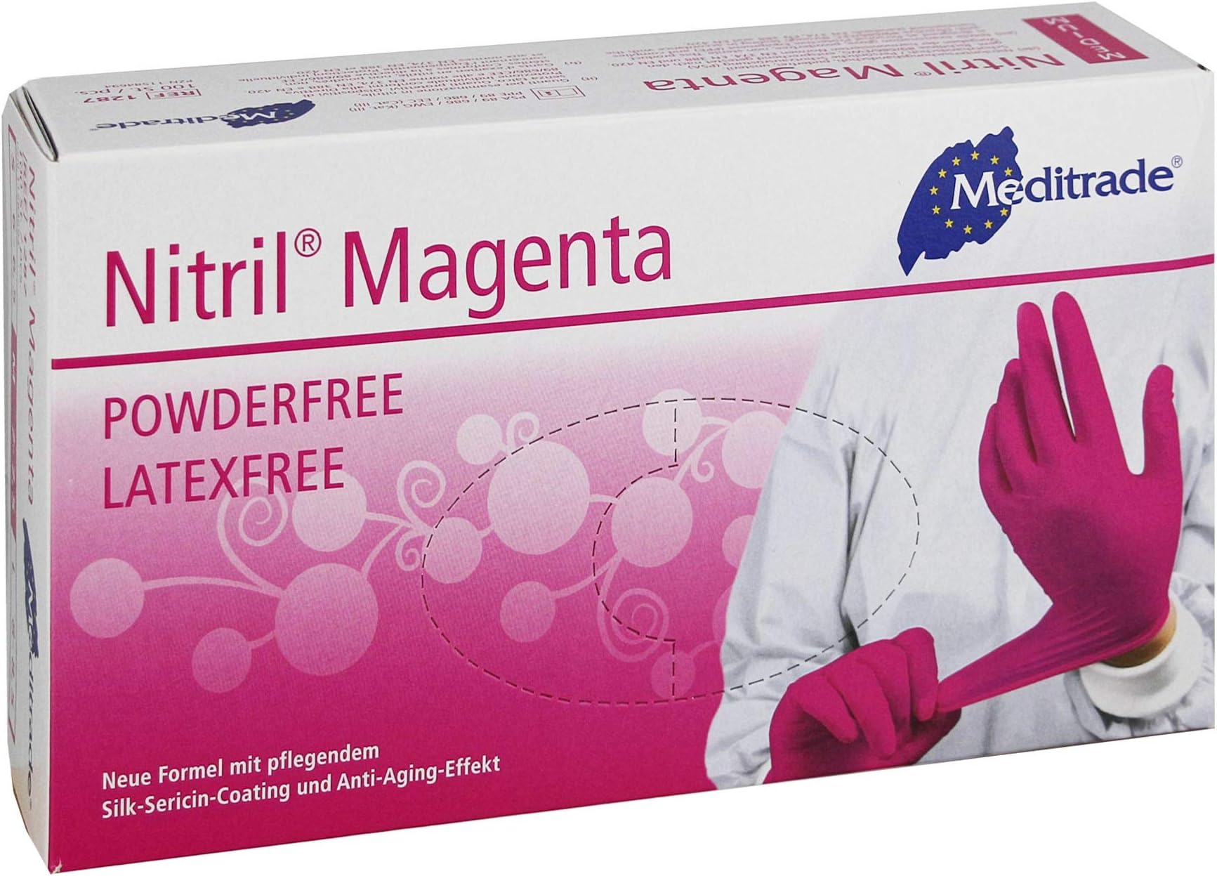 Meditrade 1287L Nitrile Magenta Eyecatcher Protective Glove With nourishing Silk Sericin Coating Powder Free, Non-Sterile, Large, Light Pink (Pack of 100)