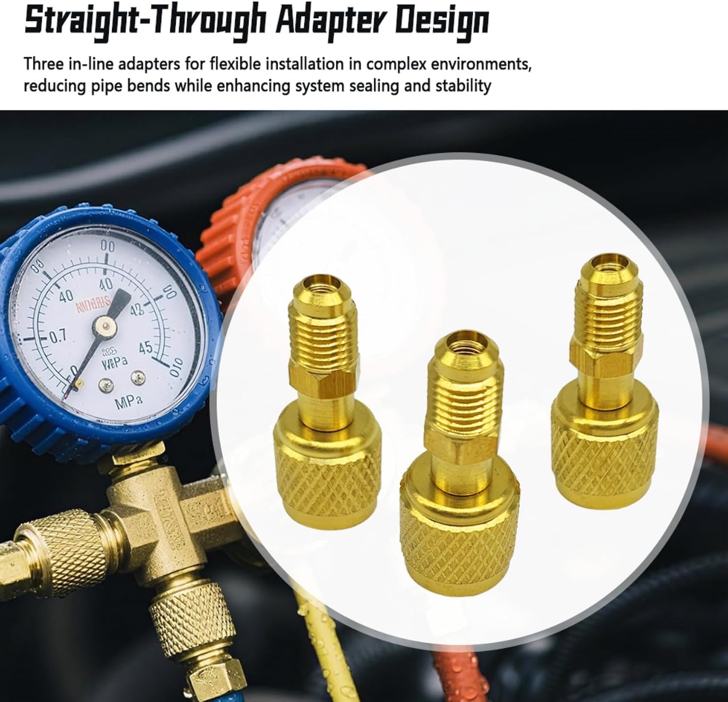 3Pcs A2L Adapter Fit for R-32 R-454B A2L Refrigerant LH Tanks and RH Service Hose, 1/4" Left-Hand Female to 1/4" Right-Hand Male Flare Fittings, Brass HVAC Charging Adapter (Straight)