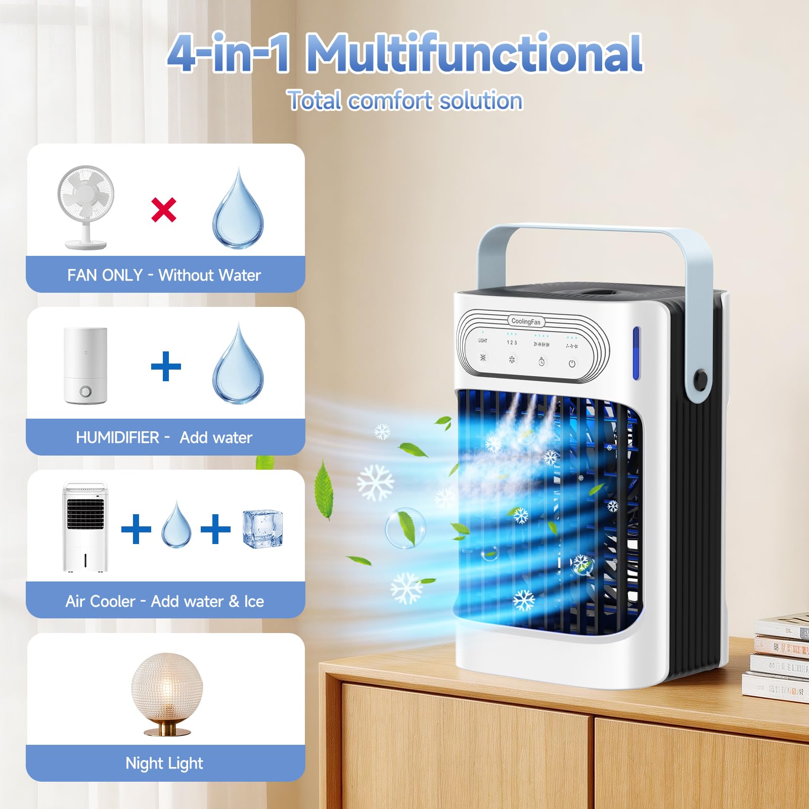 XTTANK Enfriador de Aire Portátil con Tanque de 800ml, 4 en 1 Acondicionador con 3 Velocidades y Modos Nebulización, Luz 7 Colores, Temporizador 2-8H, Mini Aire Evaporativo para Hogar/Oficina - 4