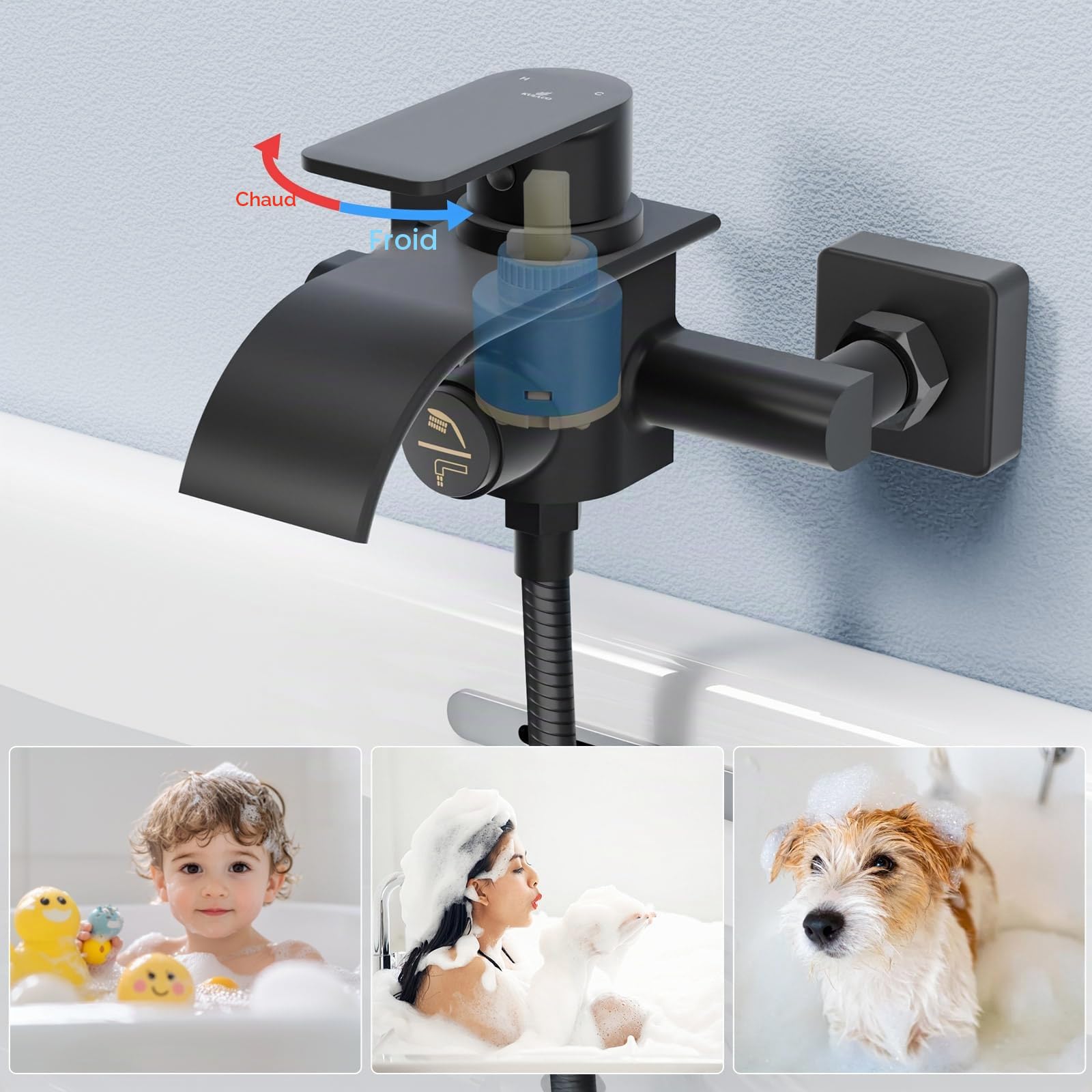 KULACO Robinet de Baignoire Cascade Noir, Mitigeur en Laiton | Robinet en Laiton avec Bouton Poussoir, pour Montage Mural, Robinet de Baignoire