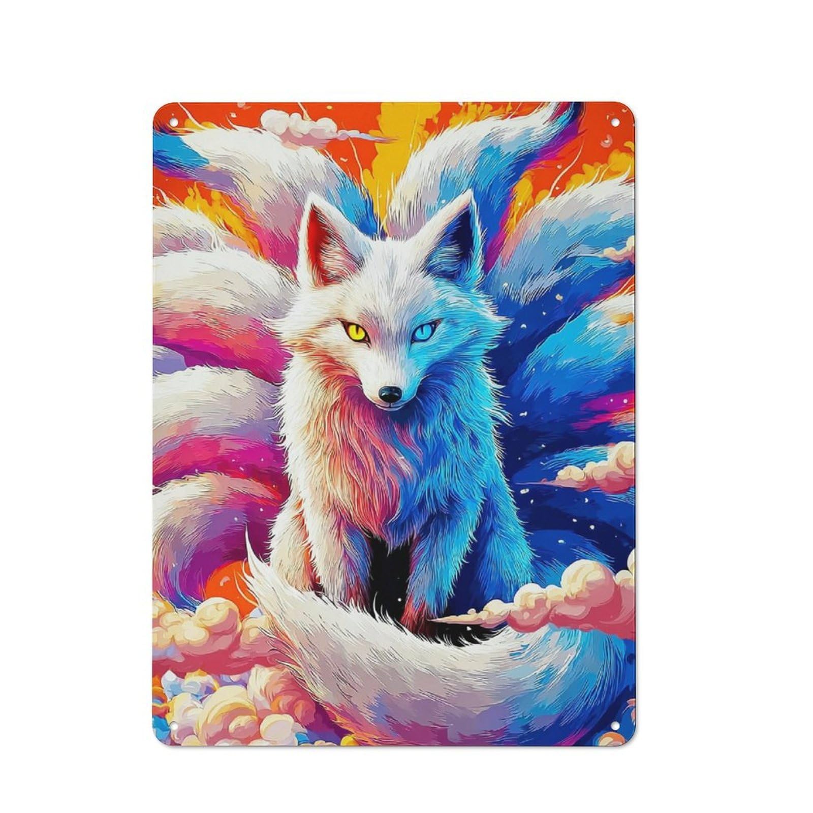 Junmoney Colorful Fantasy Fox Artwork Warehouse Style Tin Wall Sign 40X30cm Featuring Loft Wall Plaque For Loft, Studio, Office Or Creative Room