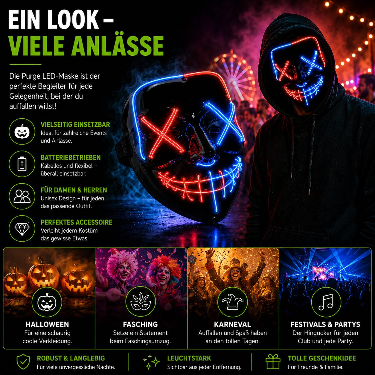 Costumed Halloween Maske Purge LED - Kostümmaske steuerbar für Halloween, Fasching & Karneval als Kostüm & Verkleidung für Herren & Damen (… – Ansicht 5