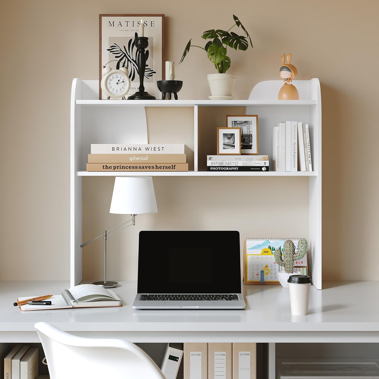 3More 37" Desktop Bookshelf, 3-Tier Wooden Computer Desk Organizer, Rounded-Edge Desktop Storage Rack for Dorm, Office, Home, White