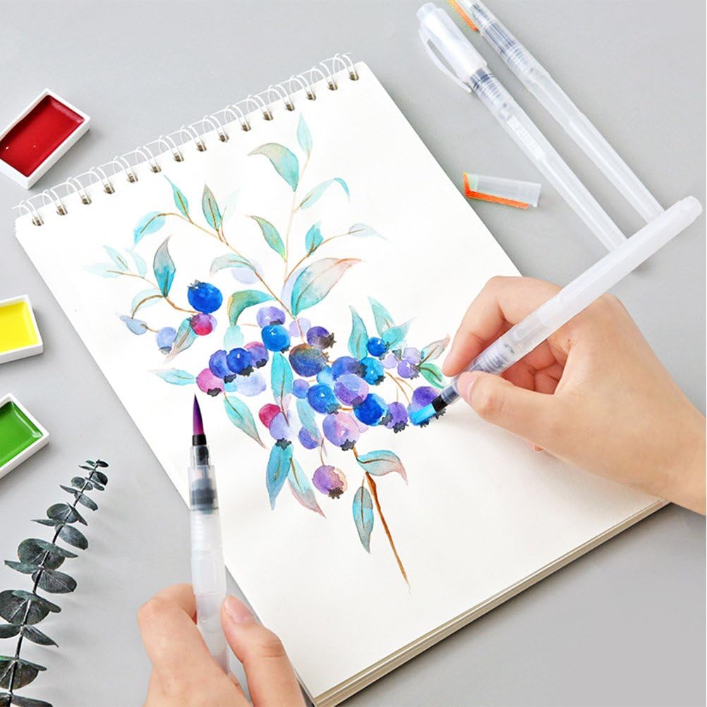 6 Watercolour Pen Water Brushes with Refillable Water Reservoir, Perfect for Watercolours, Brush Pens, Markers with Tray, Comes with a Mixed Flower Palette