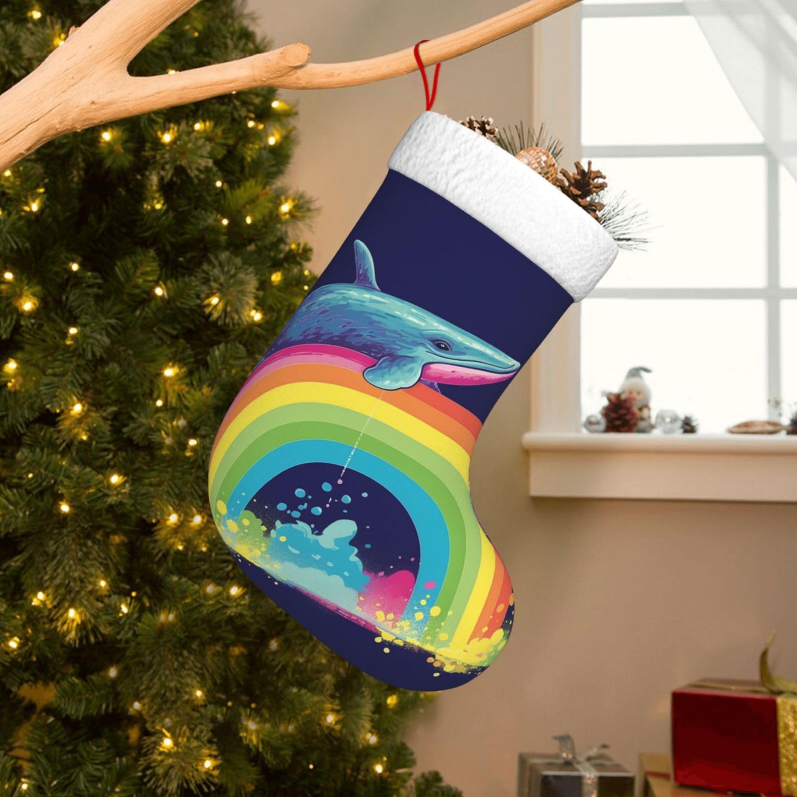 Velvet Christmas Stockings 17.7 Inch, Colorful Whale On Rainbow Xmas Stocking with Soft Cuff,Classic Personalized Christmas Tree Decoration for Family Holiday New Year Party Supplies