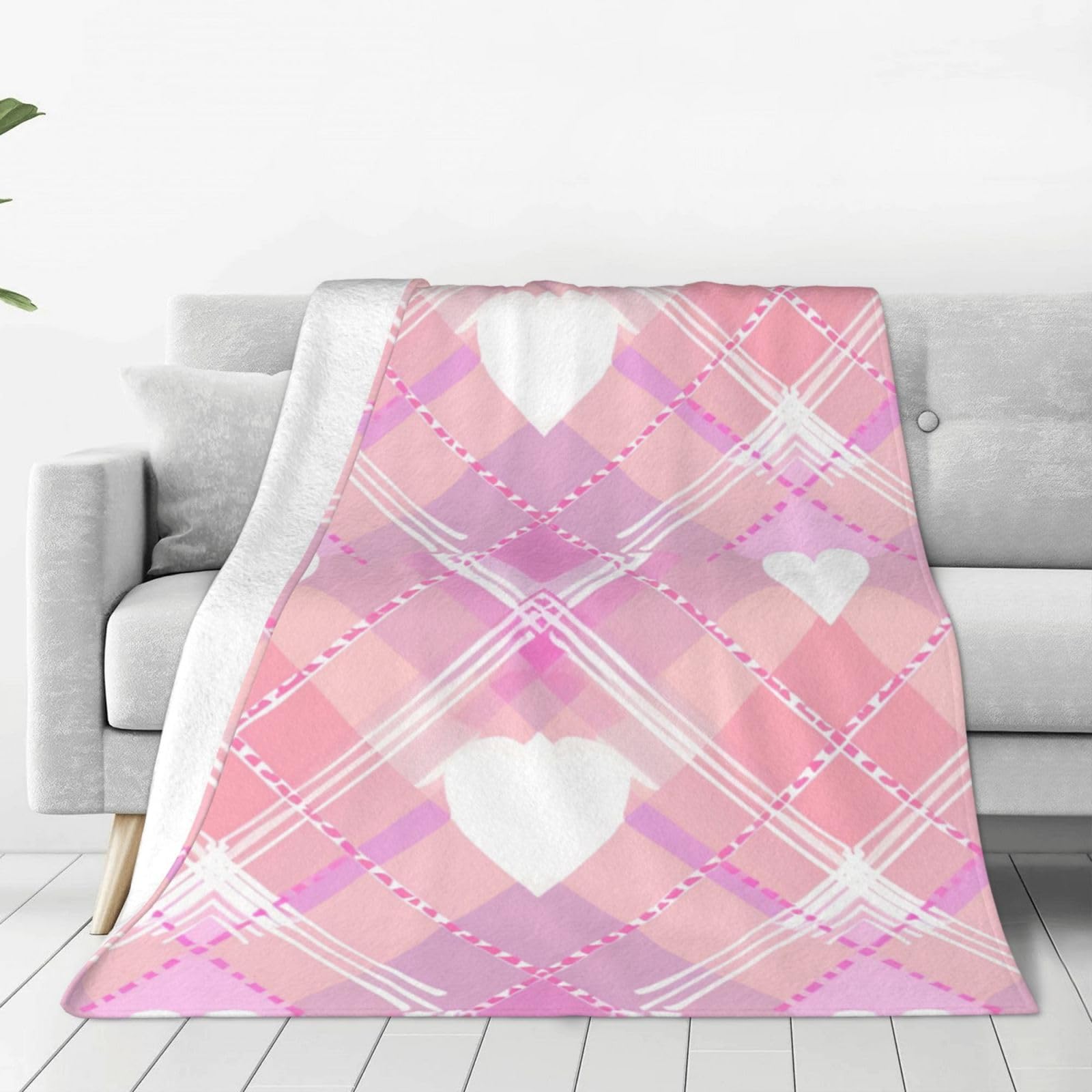 Mexpekil Fleece Throw Blanket Super Soft and Warm Blankets Pink Beige Buffalo Plaid Love Heart Print Lightweight Fluffy Plush Bed Blanket for Bedding Sofa Chair Camping, All Season Use 40"x30"