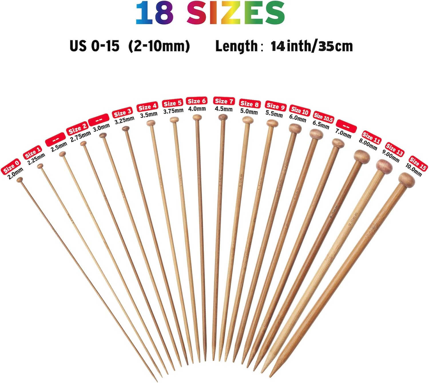 Bamboo Knitting Needles Set, Wooden Knitting Needles for Beginners, 18 Pairs US Size 0-15 (2.0-10.0mm) 14 Inch Long Straight Wood Knit Needle Single Point for Sweaters, Socks, Shawl and Scarf