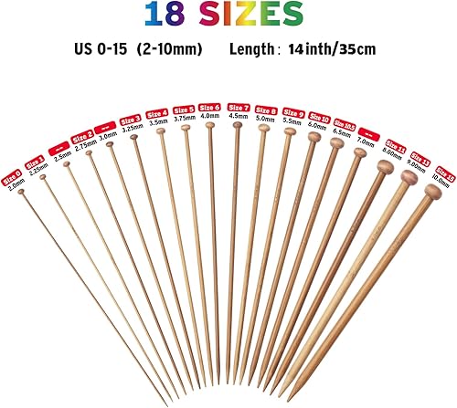 Miniatura 8 de Juego de agujas de tejer de bambú, 18 pares de agujas de tejer de madera de 14 pulgadas de largo para principiantes, tamaño de EE. UU. 0-15