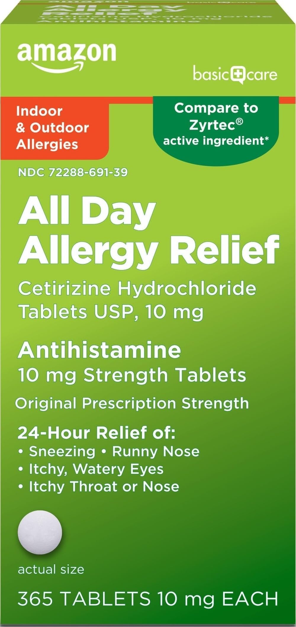 Amazon Basic Care All Day Allergy, Cetirizine Hydrochloride Tablets, 10 mg, 24-Hour Relief for Sneezing, Runny Nose, Itchy Eyes & Throat, Indoor & Outdoor Allergy Relief, 365 Count