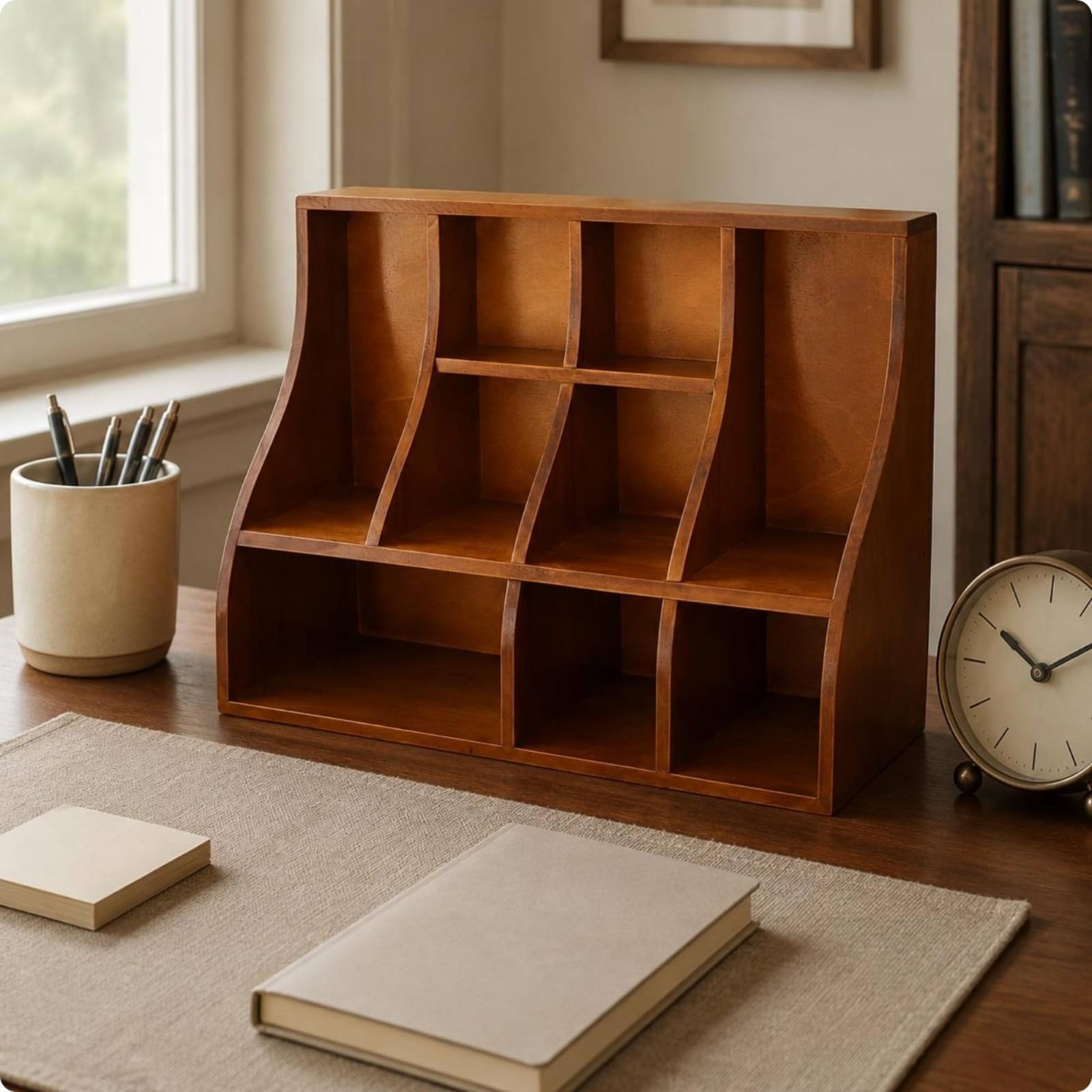 Organizzatore da Scrivania in Legno Divisori Curvi Organizer Scrivania Ripiani Verticale Arredo, Legno Naturale