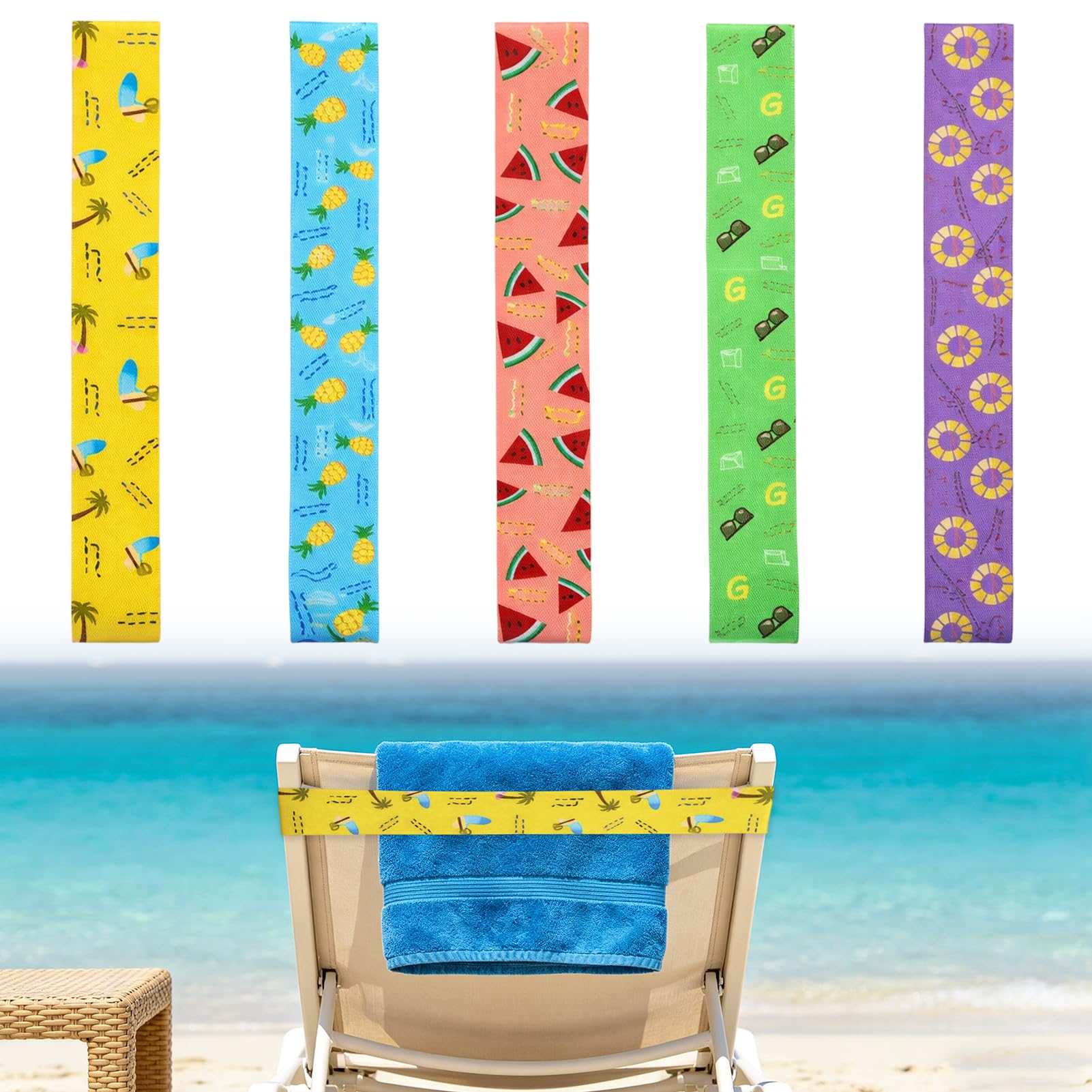 Ignara 5 Pcs Beach Towel Bands for Sun Loungers, Elastic Sunbed Towel Straps Windproof Non-Slip Beach Chair Towel Holders for Cruise Deck Chairs, Pool Loungers Travel Accessories (5 Styles,30x5cm)