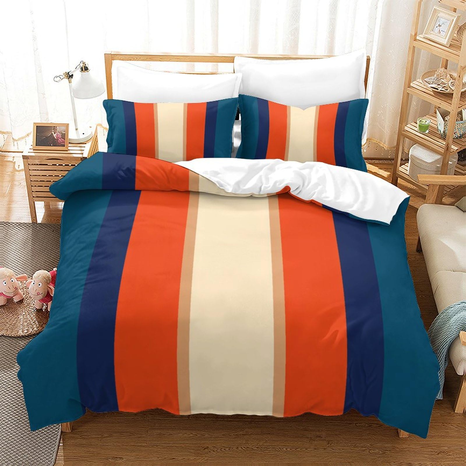 P1S9U7W5Y Color Blocked Stripes 3D Printed Duvet Cover Set 3pcs Microfiber Multicolor Striped Bedding Set Super king（260x220cm）