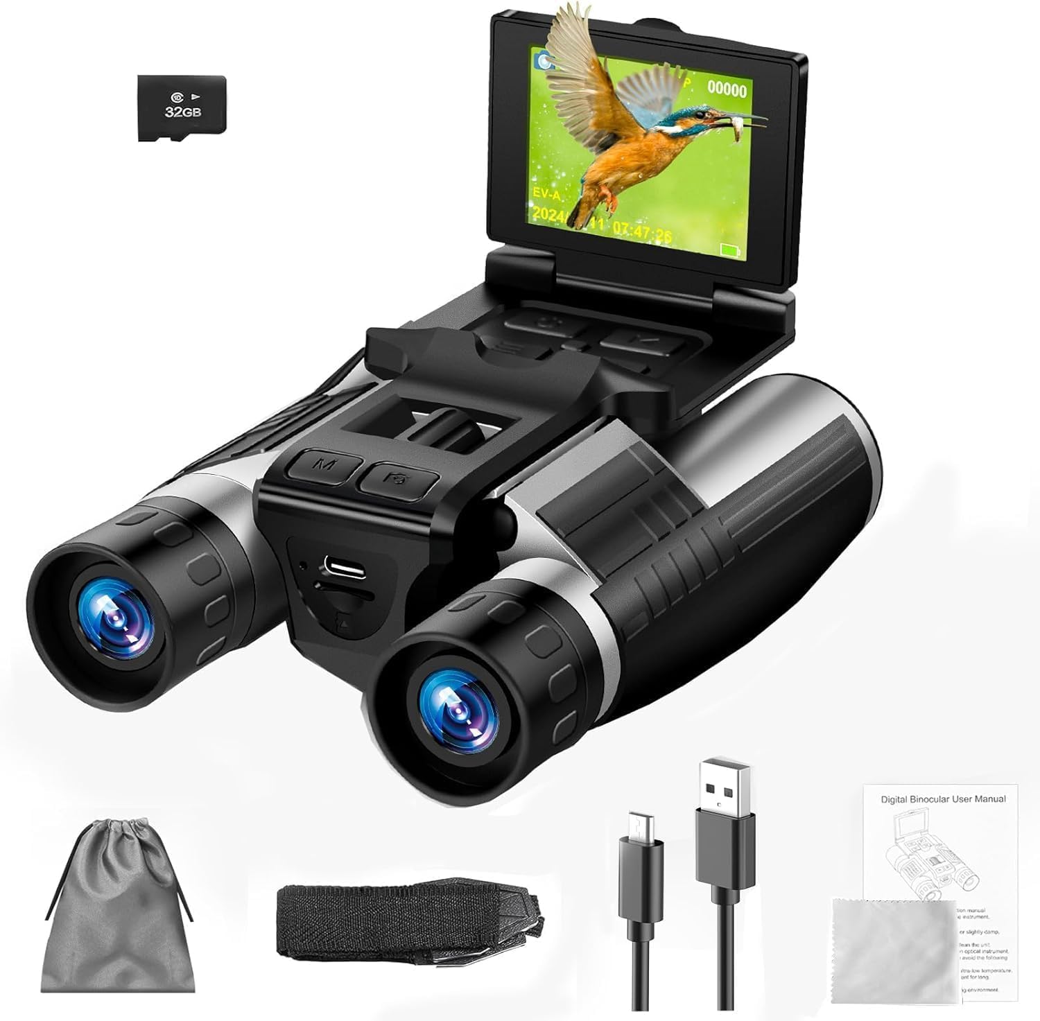 2-in-1 Digital Camera Binoculars for Adults, 12x32 HD with 2.4" LCD Display, 48MP & 2.5K Video Recording, 8X Digital Zoom for Bird Watching, Concerts, Travel 32GB