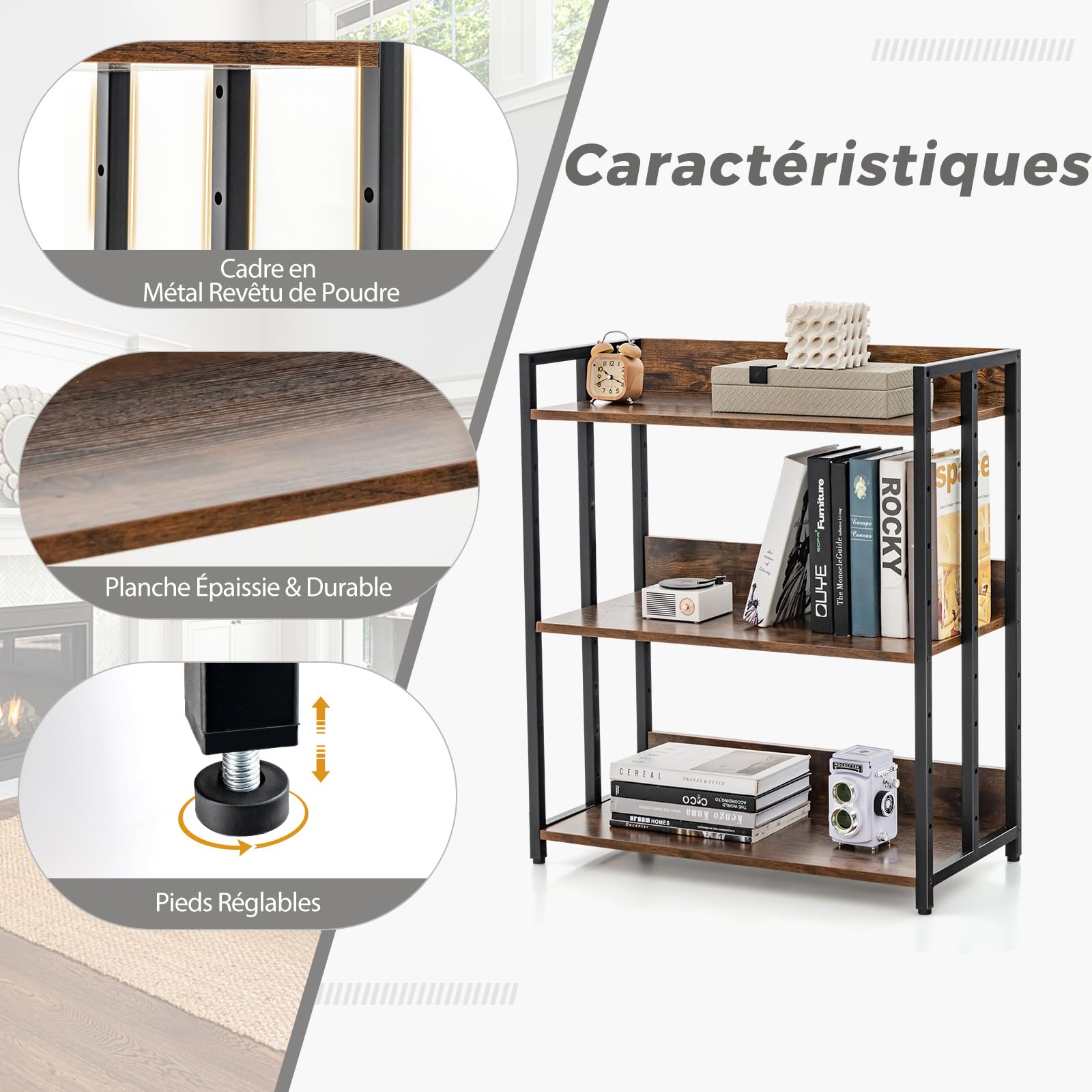 COSTWAY Bibliothèque Industrielle à 3 Niveaux Étagères Réglables (Marron)