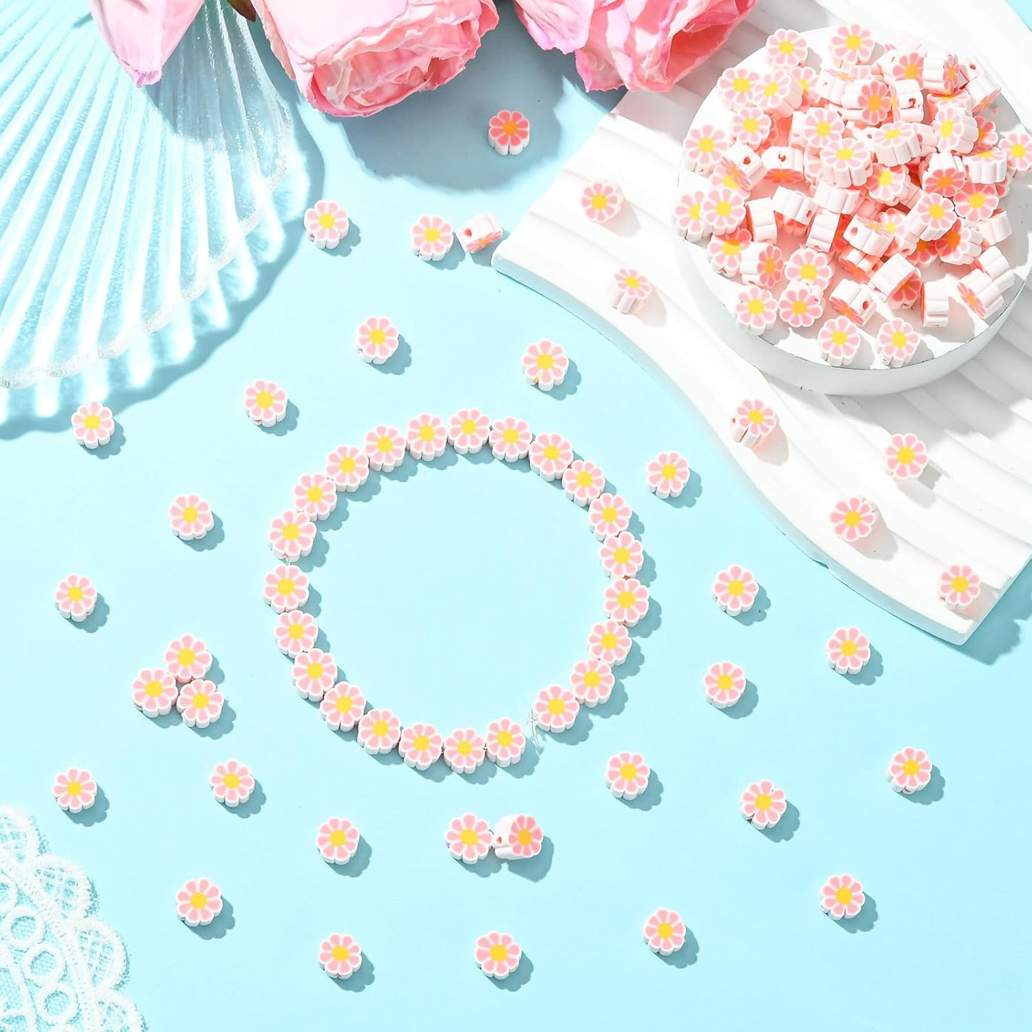 Stiesy 200Pcs Handmade Polymer Clay Flower Beads, 9mm Pink Floral Spacer Beads Bulk for DIY Jewelry Making, Bracelets, Necklaces, Craft Projects - Image 6