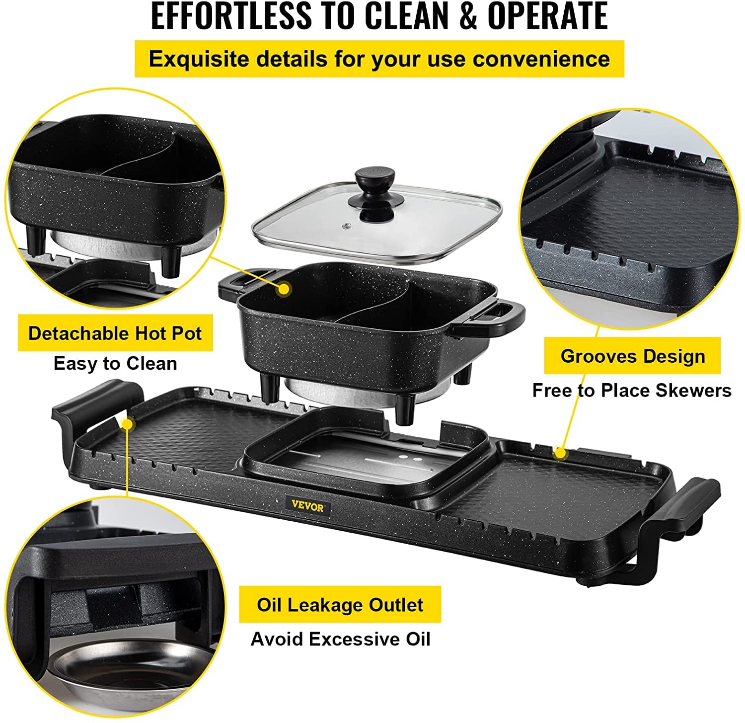 Jorunb 3 in 1 Large Electric Smokeless Grill and Hot Pot, 2400w Shabu
