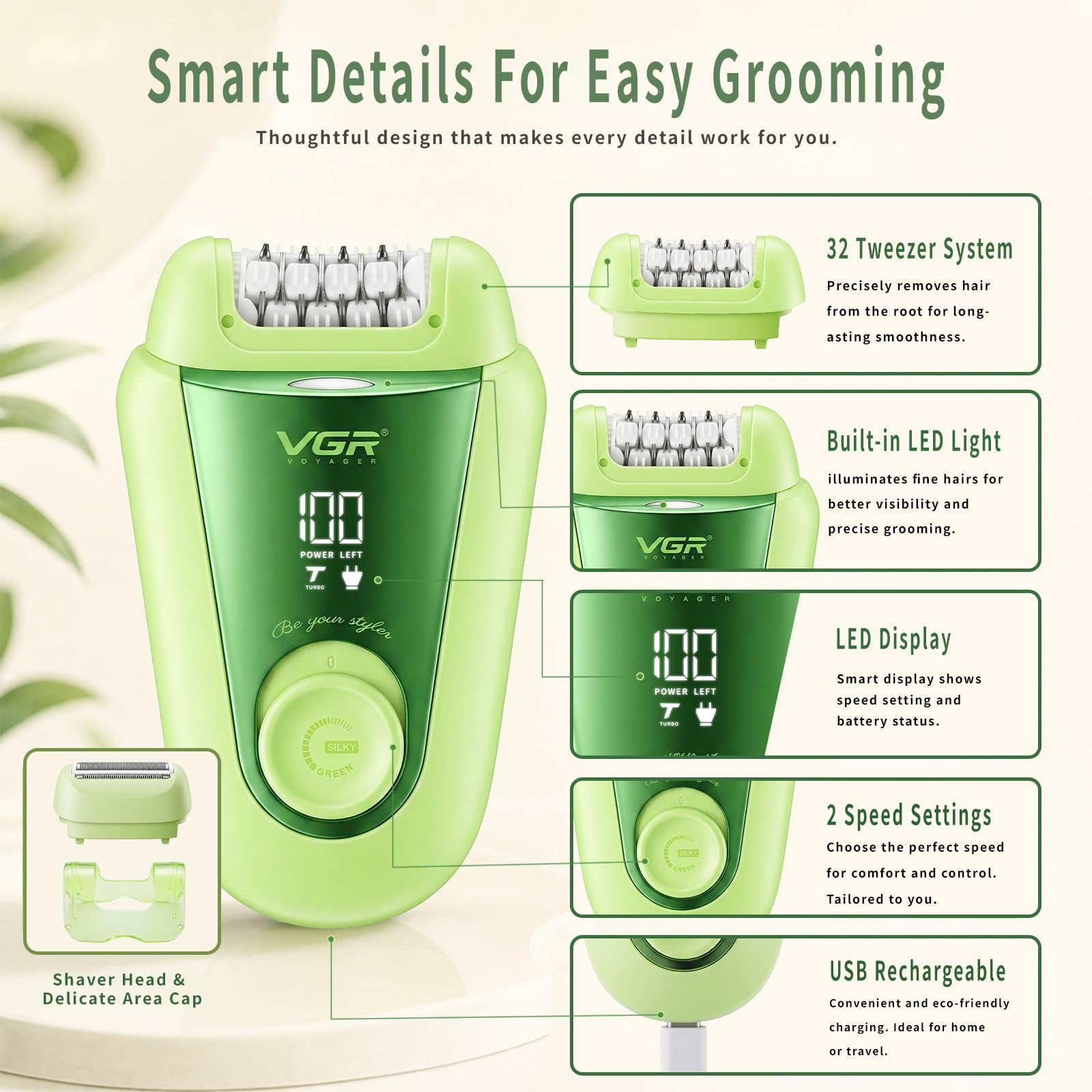 VGR 758 Epilatore elettrico 2 in 1 da donna, 32 pinzette, IPX7, Verde