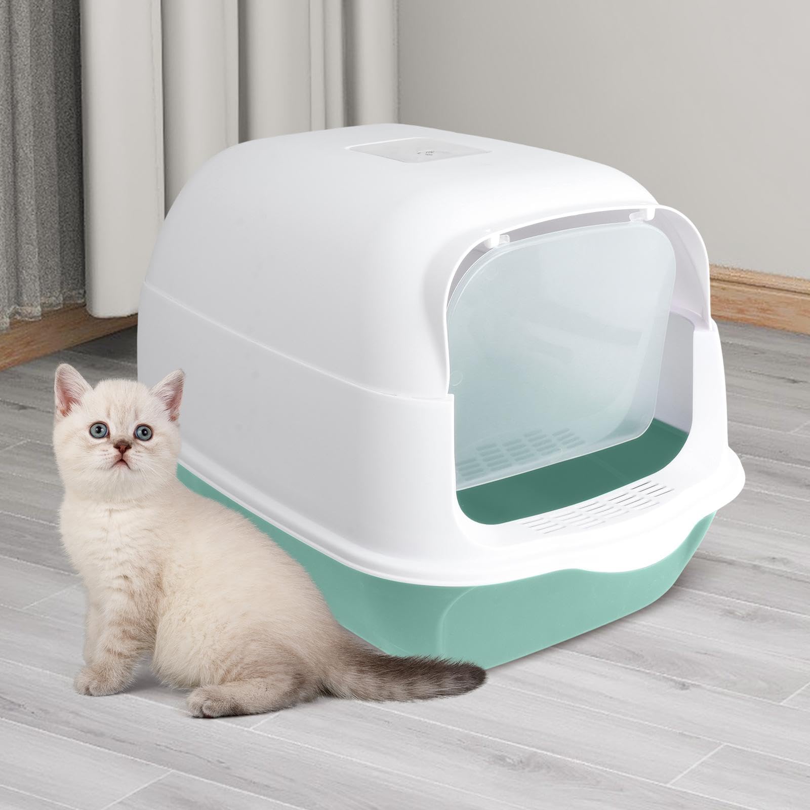 Toilettes Fermées pour Chat, Grand Modèle, avec Porte Avant Anti-éclaboussures et Amovibles, Vert