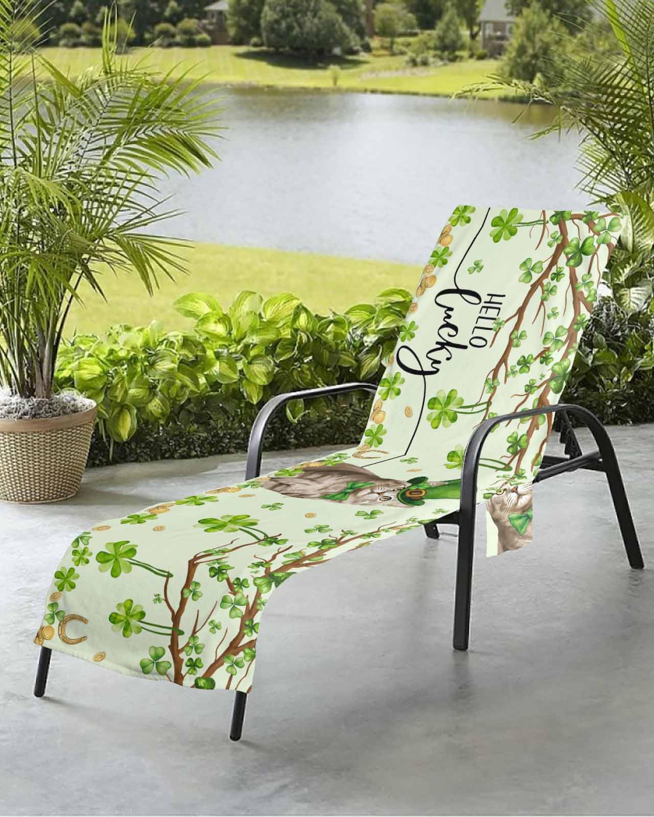 St. Patrick's Cat Beach Chair Towel Covers for Chaise Lounge with Side Pocket, Soft Plush Pool Towels Cover for Patio Sunbathing Outdoor 29''x85'' Spring Green Plant Tree Watercolor