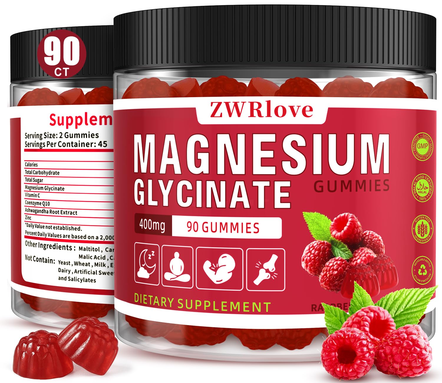 Magnesium Glycinate Gummies 400mg with Zinc, Sugar Free Chewable, 90 Count