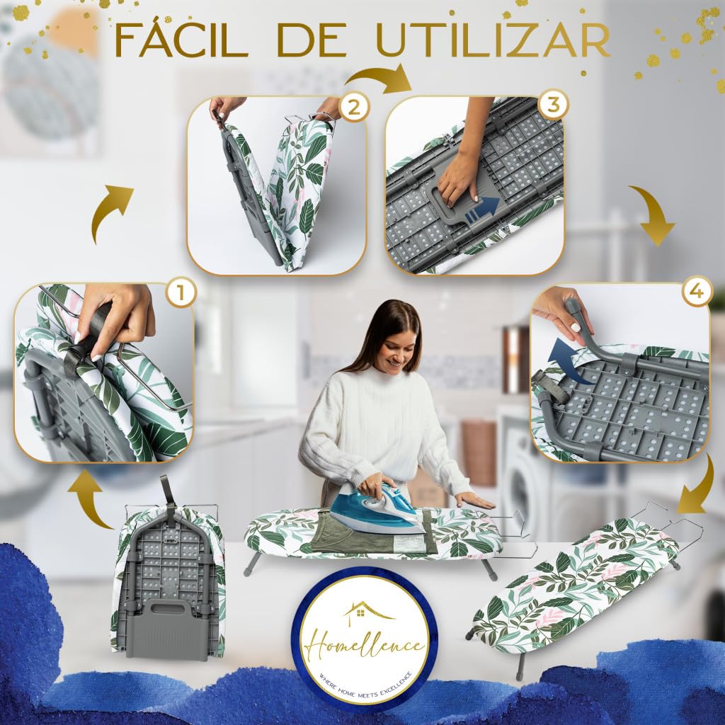 Homellence Tabla de Planchar Plegable Pequeña de Mesa - Tabla de Planchar Sobremesa con 2 Fundas Premium con Mecanismo Patentado para Mayor Estabilidad - Ahorra Espacio en Casa y Viajes (Verde)