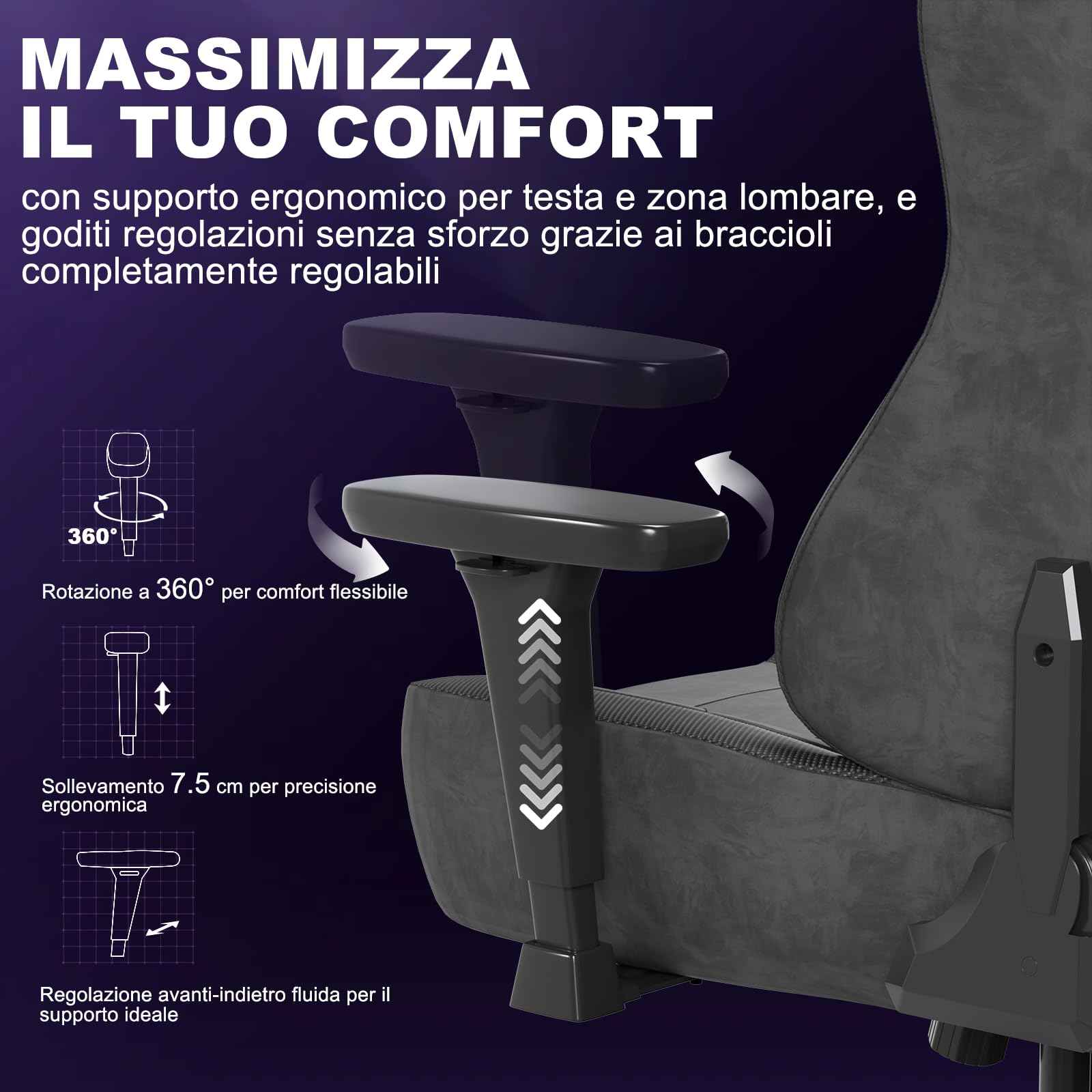 Devoko Sedia da Gaming Ergonomica in Pelle Scamosciata, Poltrona da Ufficio Gamer Reclinabile 90°-135°, Braccioli 3D Regolabili, Base in Metallo, Ruote Silenziose, Portata 180kg, Grigio Antracite