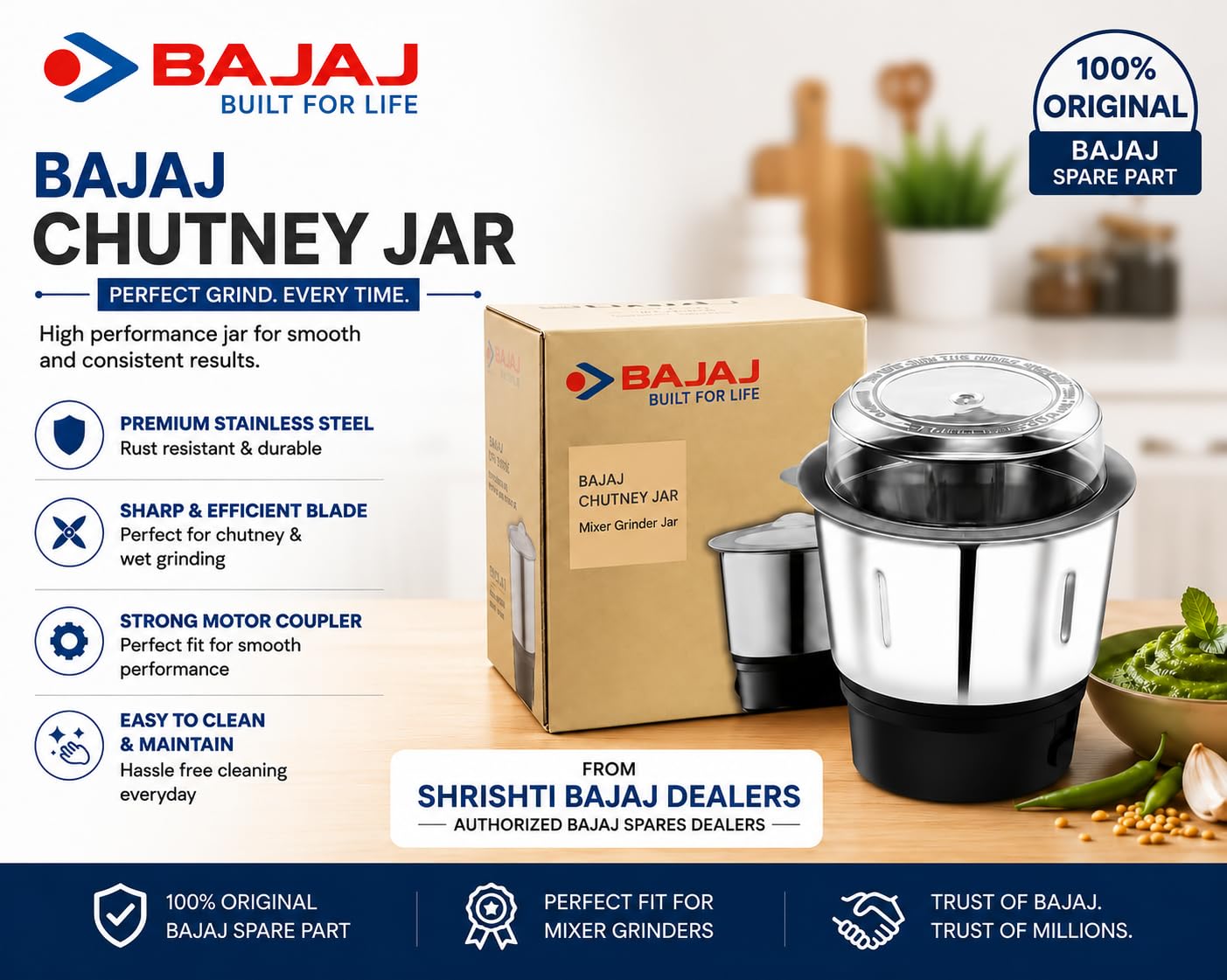 Bajaj Original 400ml Chutney Jar Assembly | Genuine Mixer Grinder Spare Jar | Compatible with Twister, Fruity, GX-7, GX-8, Bravo, GX-10DLX, GX-15, Rex, FX-7 & GX15 Models — Amazon image 2