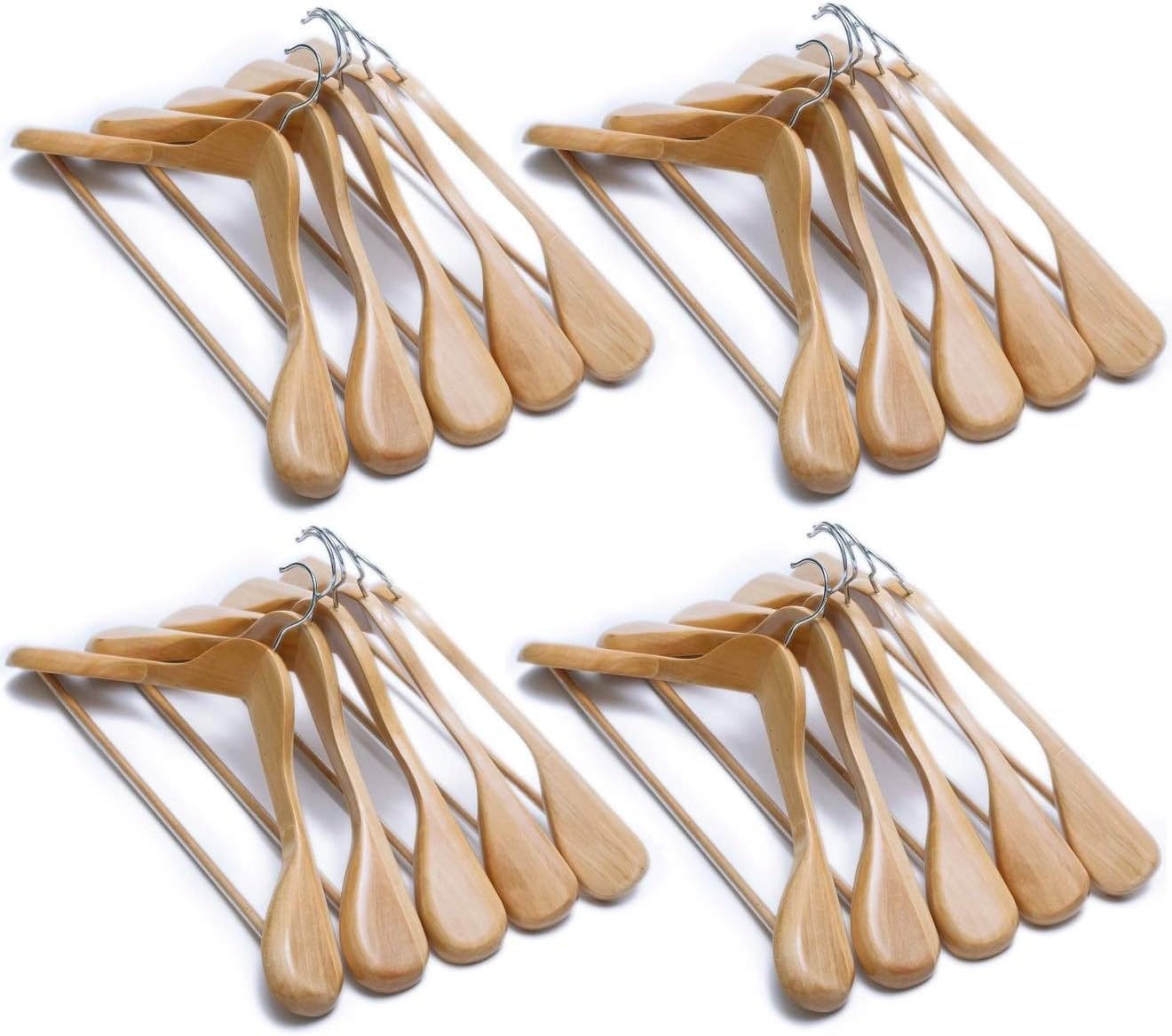 Natural Wooden Coat Hangers, Premium Wood Suit Hangers, Glossy Finish with Extra-Wide Shoulder, Thicker Chrome Hooks & Anti-Slip Bar (9)