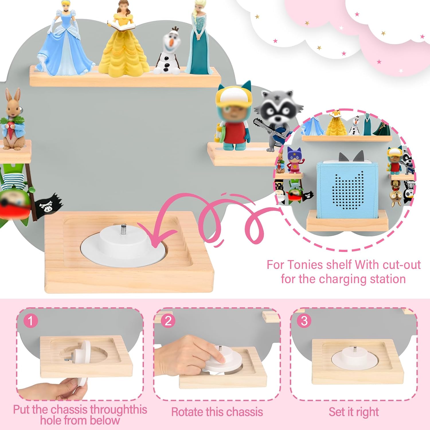 Clouds for Toniebox 1/2 Tonies Figures Organizer Storage Shelf Wall Mounted, Magnetic Floating Shelves for Toniebox Player Display Collection 20~30 Characters (Gray)