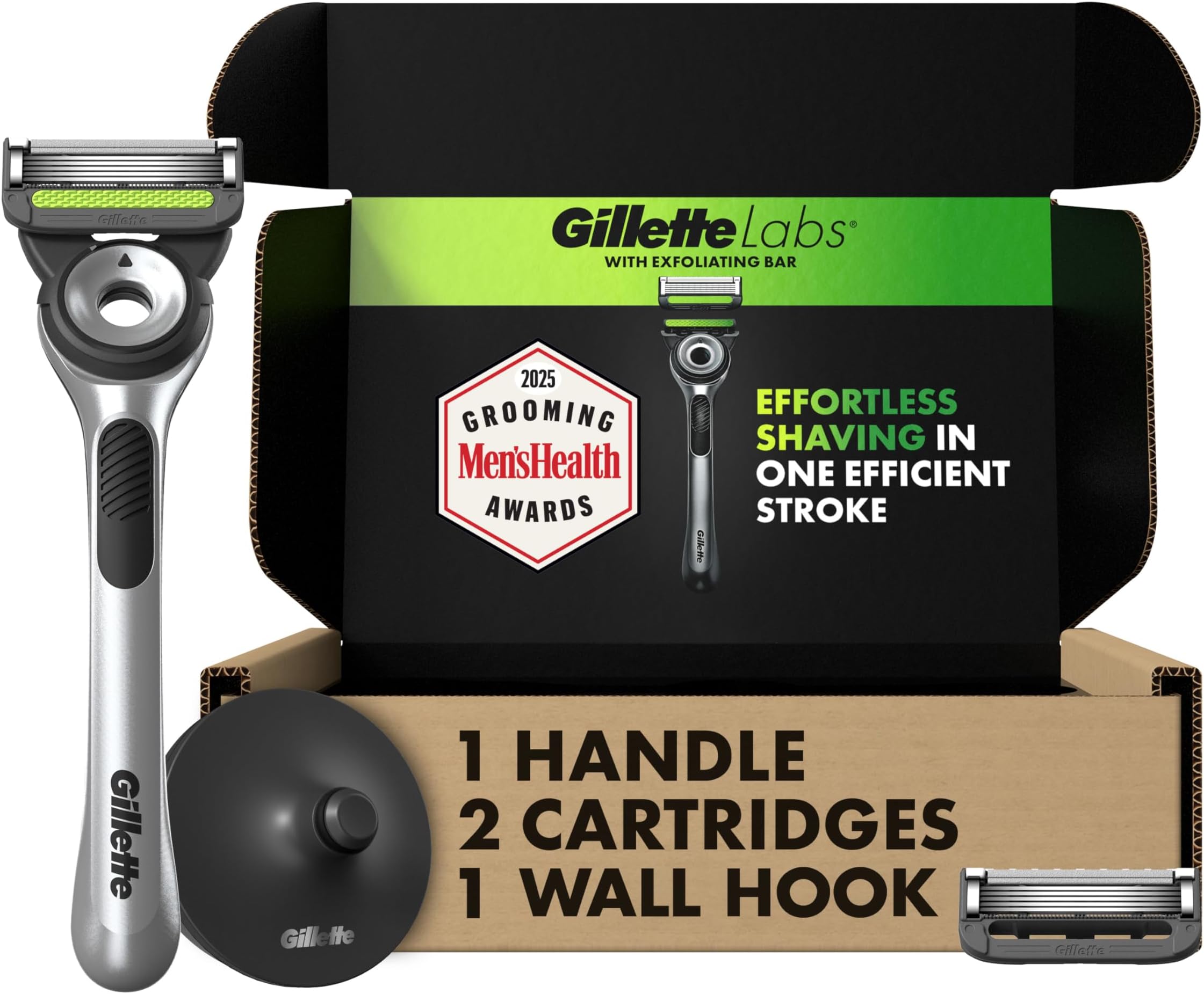 Gillette Labs 角質除去バー付き 男性用 カミソリセット シャワーフック 1 個 ハンドル 替刃 2 個 シルバー ブラック カミソリ 男性用 メンズ