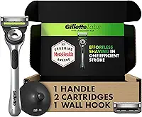 Gillette Labs com barra esfoliante por conjunto de lâminas masculinas, 1 gancho de chuveiro, alça, 2 refis de lâminas, prata e preto, lâminas masculinas